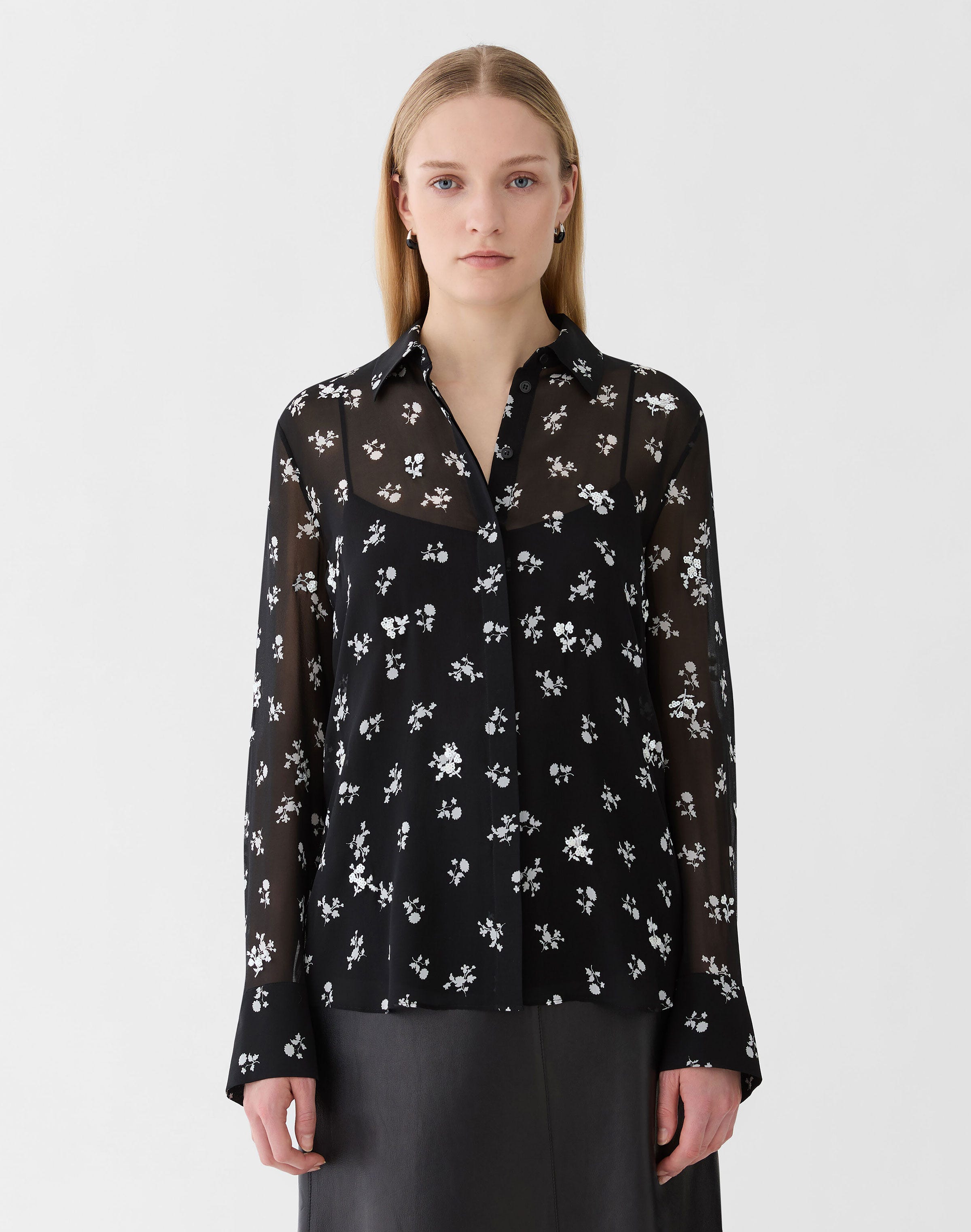 Petite Ditsy Floral Print Silk Georgette Embellished Blouse