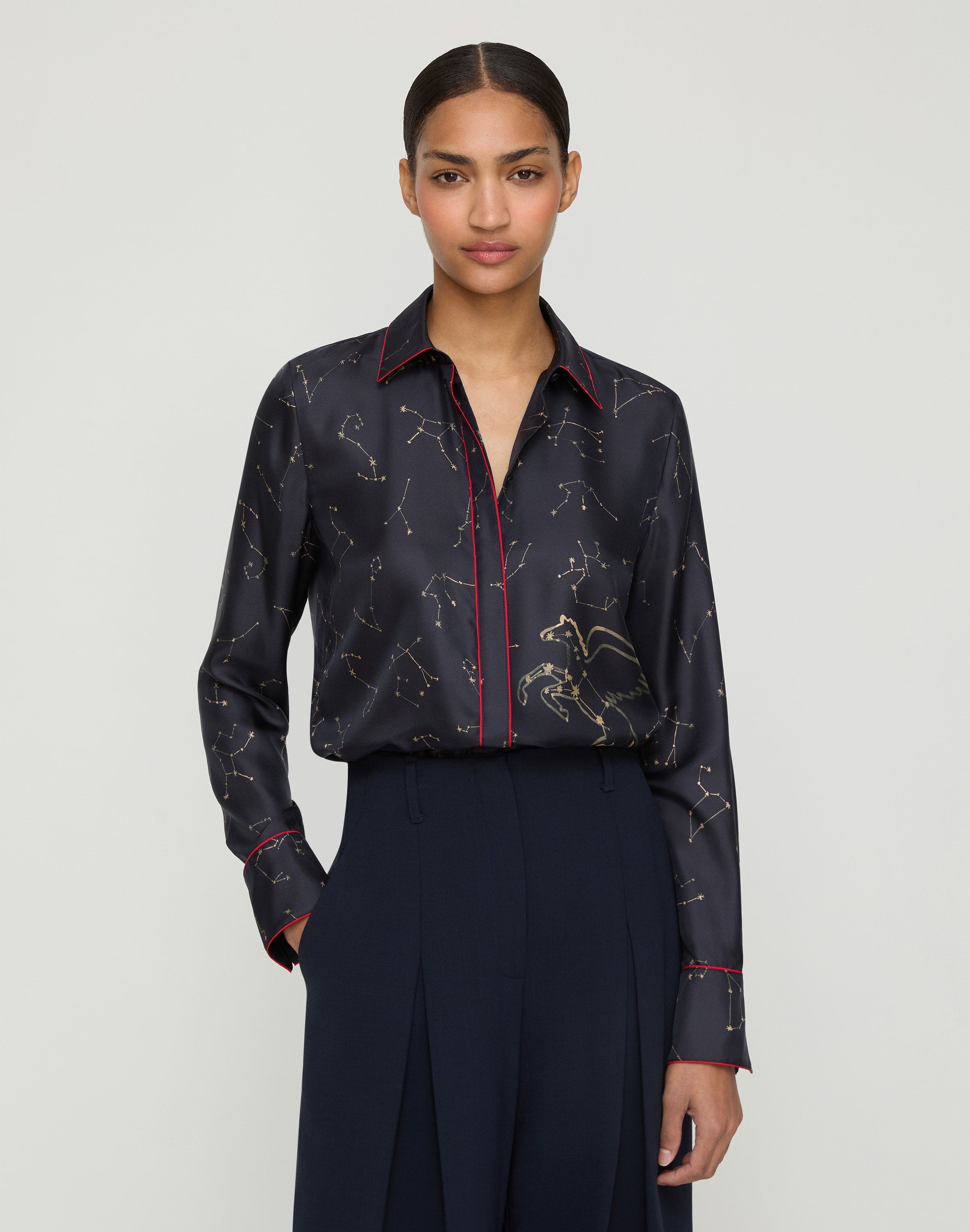 Constellation Print Silk Twill Button Blouse