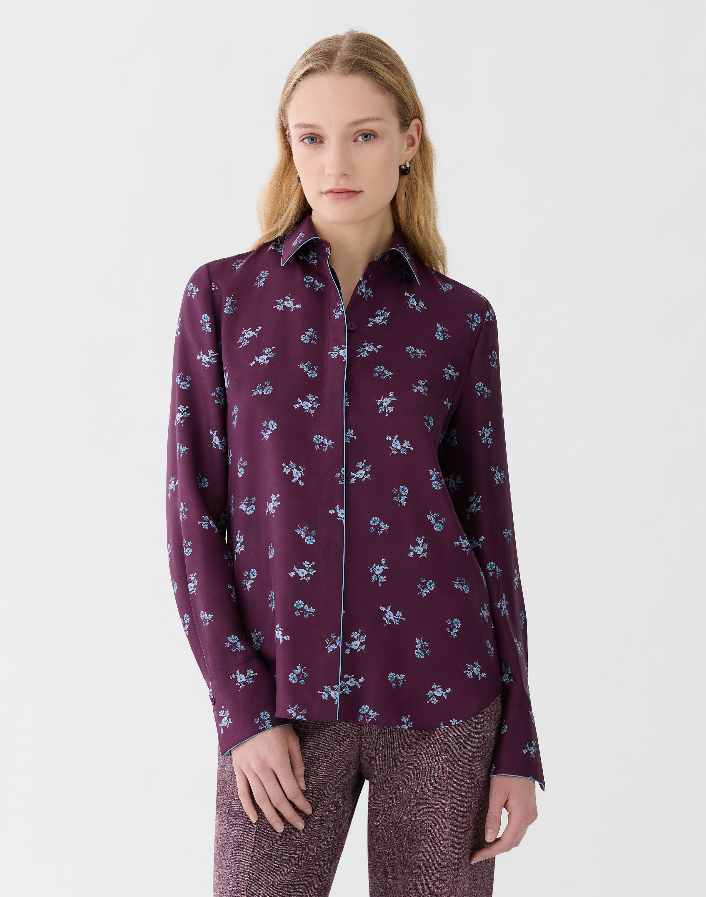 Ditsy Floral Print Silk Twill Button Blouse
