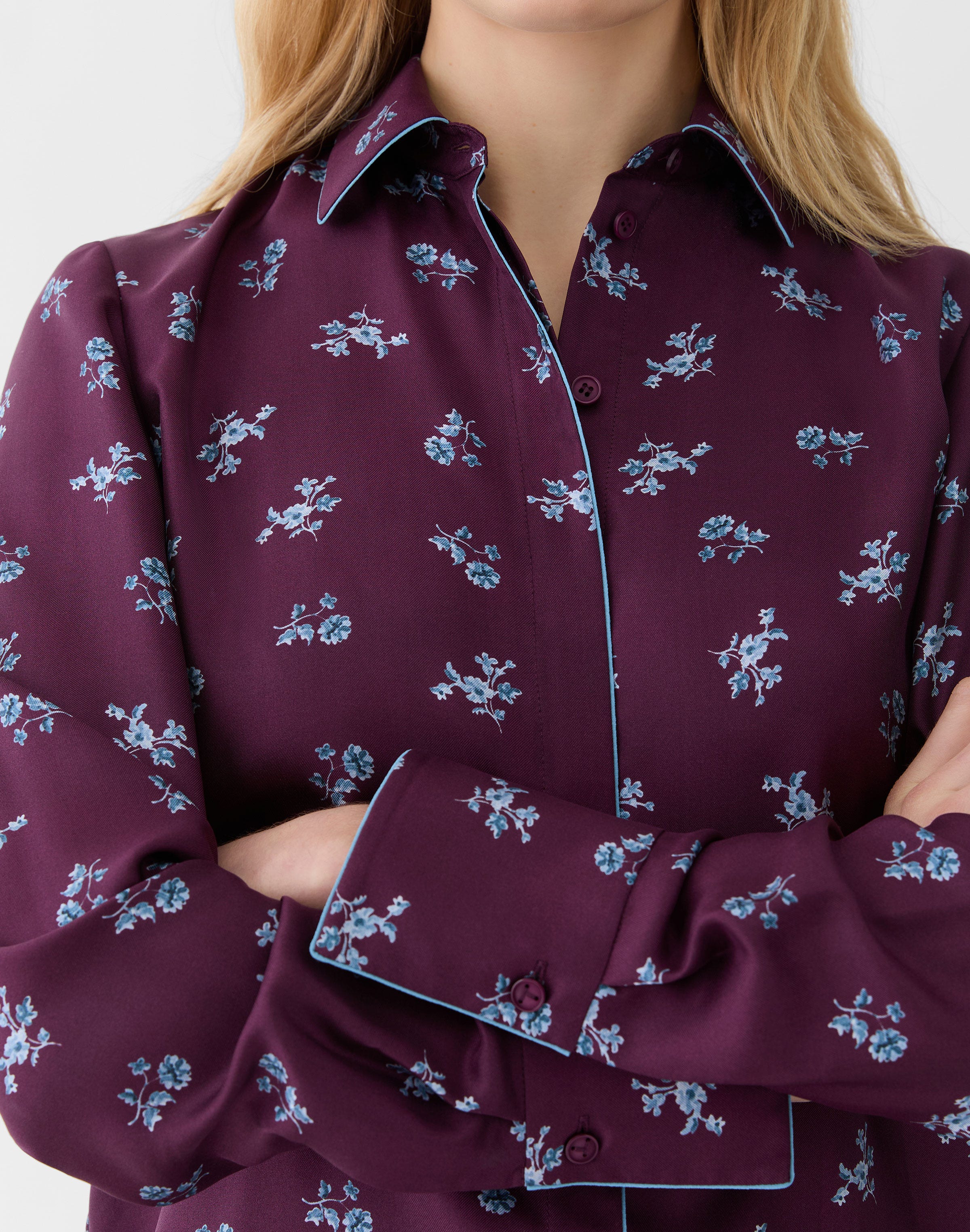Ditsy Floral Print Silk Twill Button Blouse