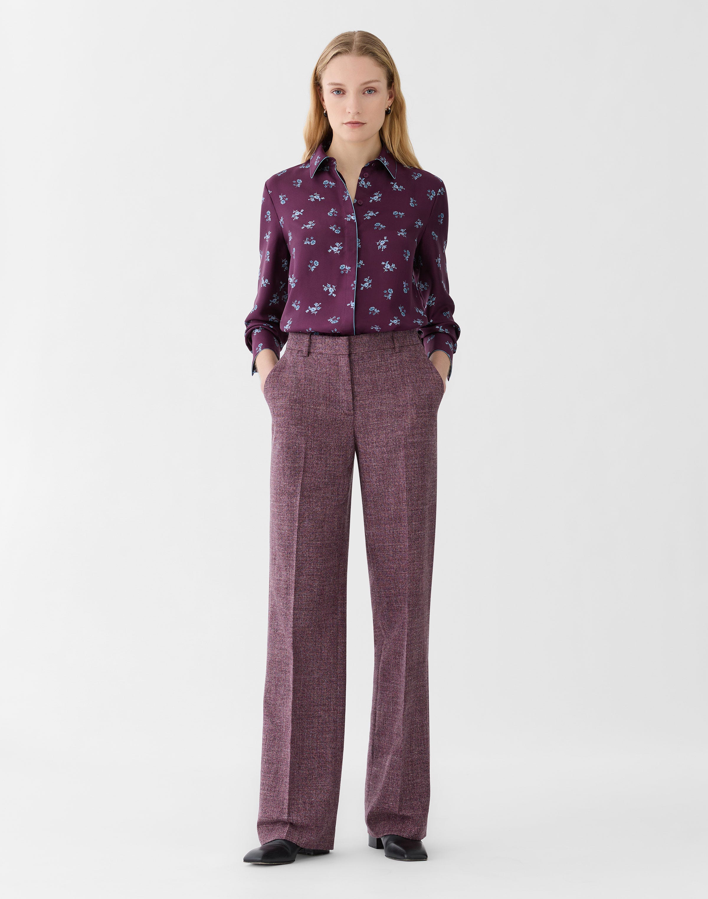 Ditsy Floral Print Silk Twill Button Blouse