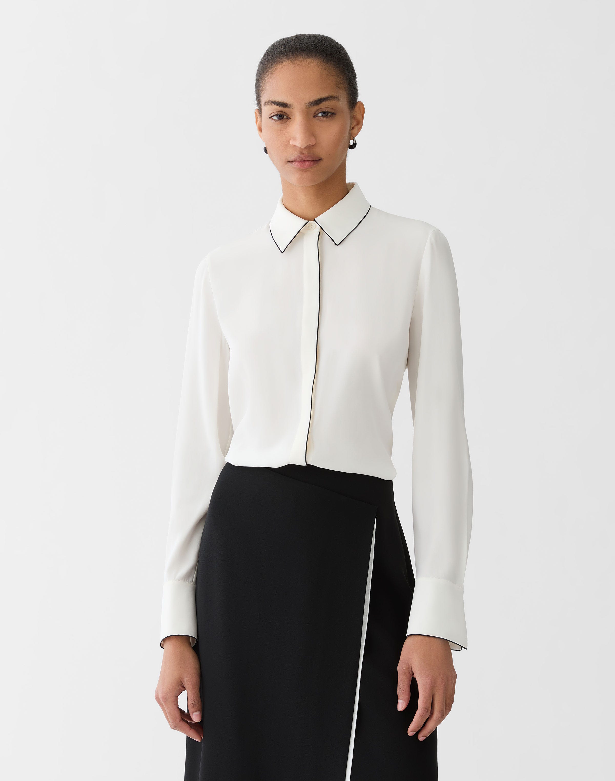 Petite Matte Silk Piped Button Blouse