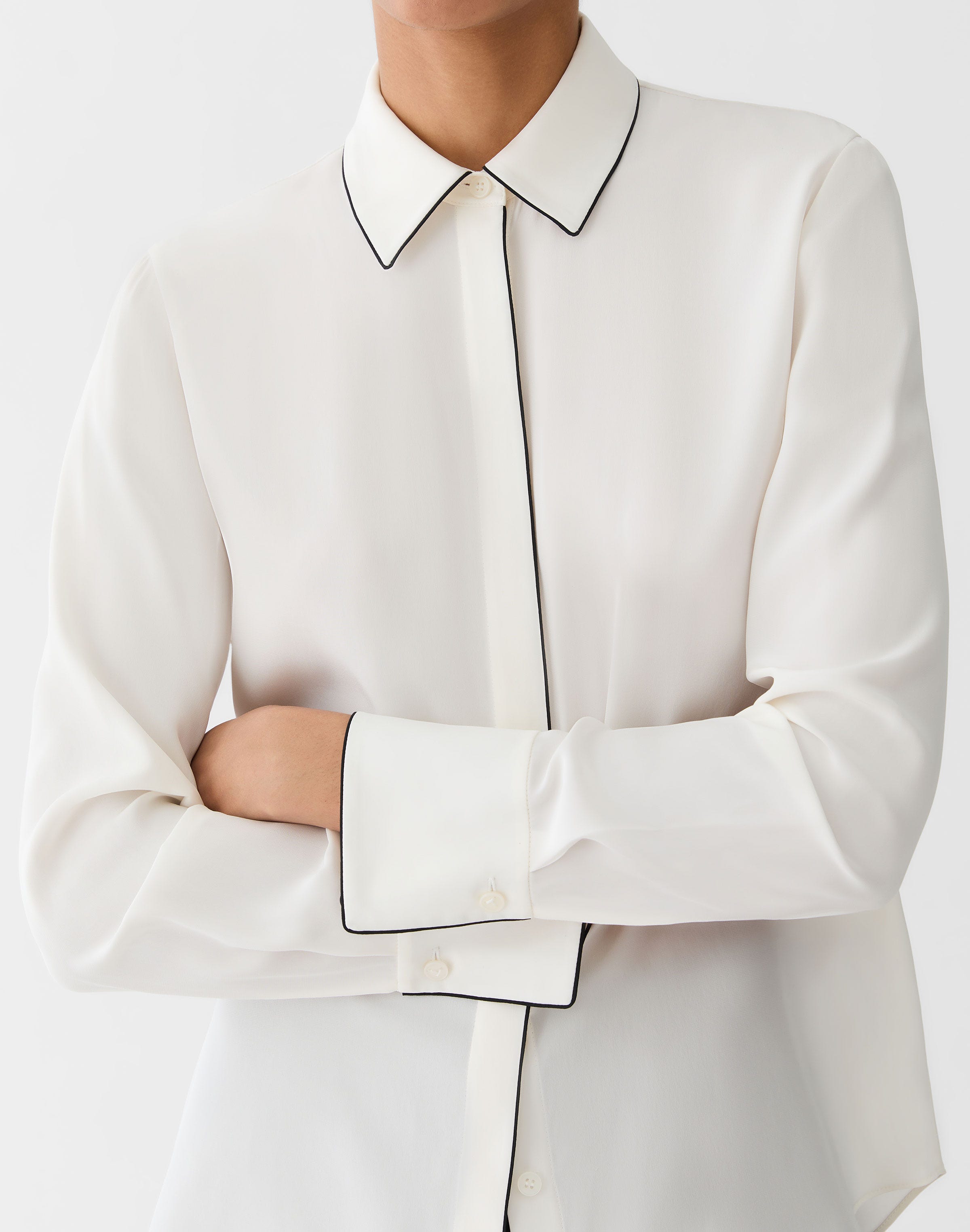 Petite Matte Silk Piped Button Blouse