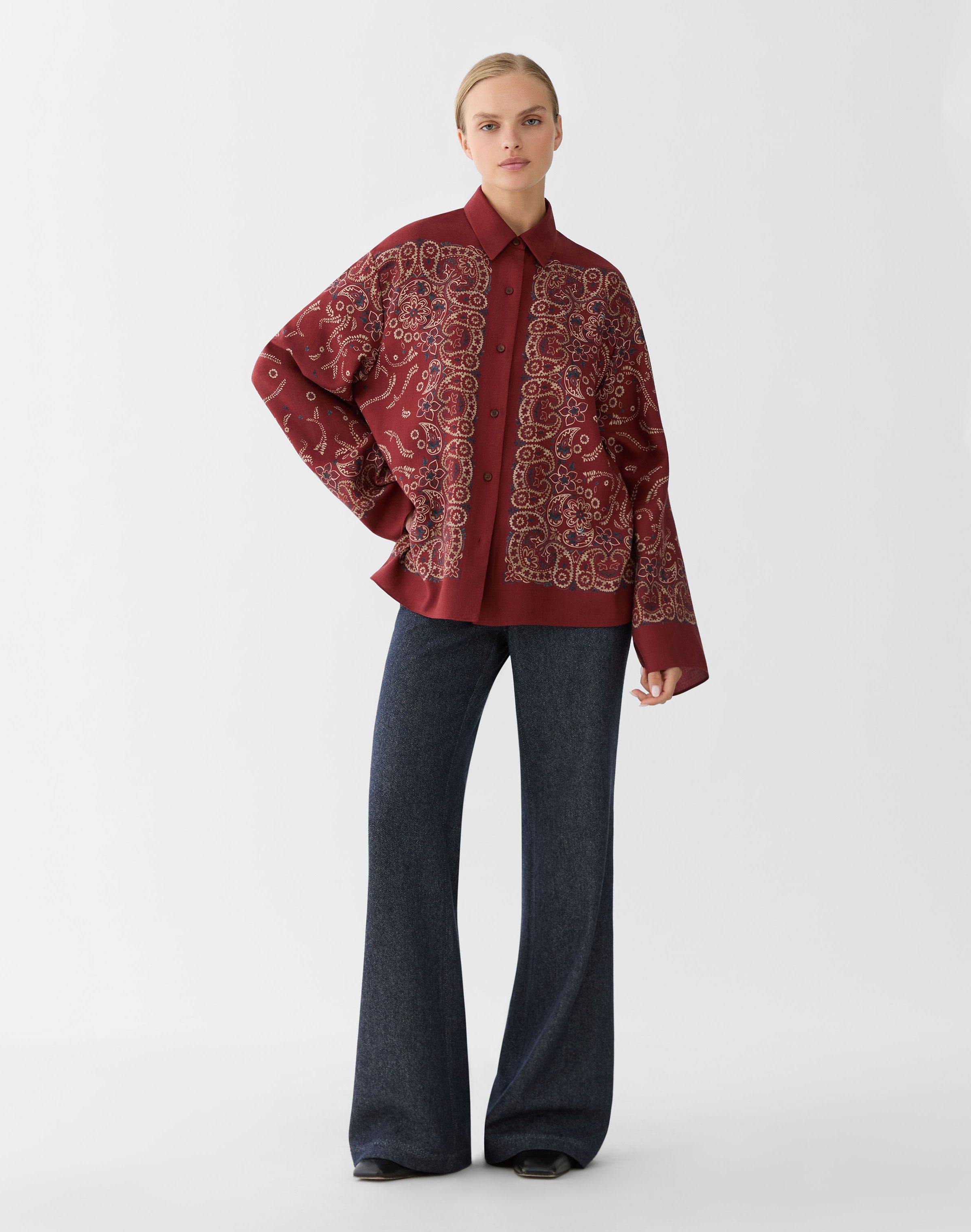 Bandana Print Wool-Silk Bell Sleeve Shirt