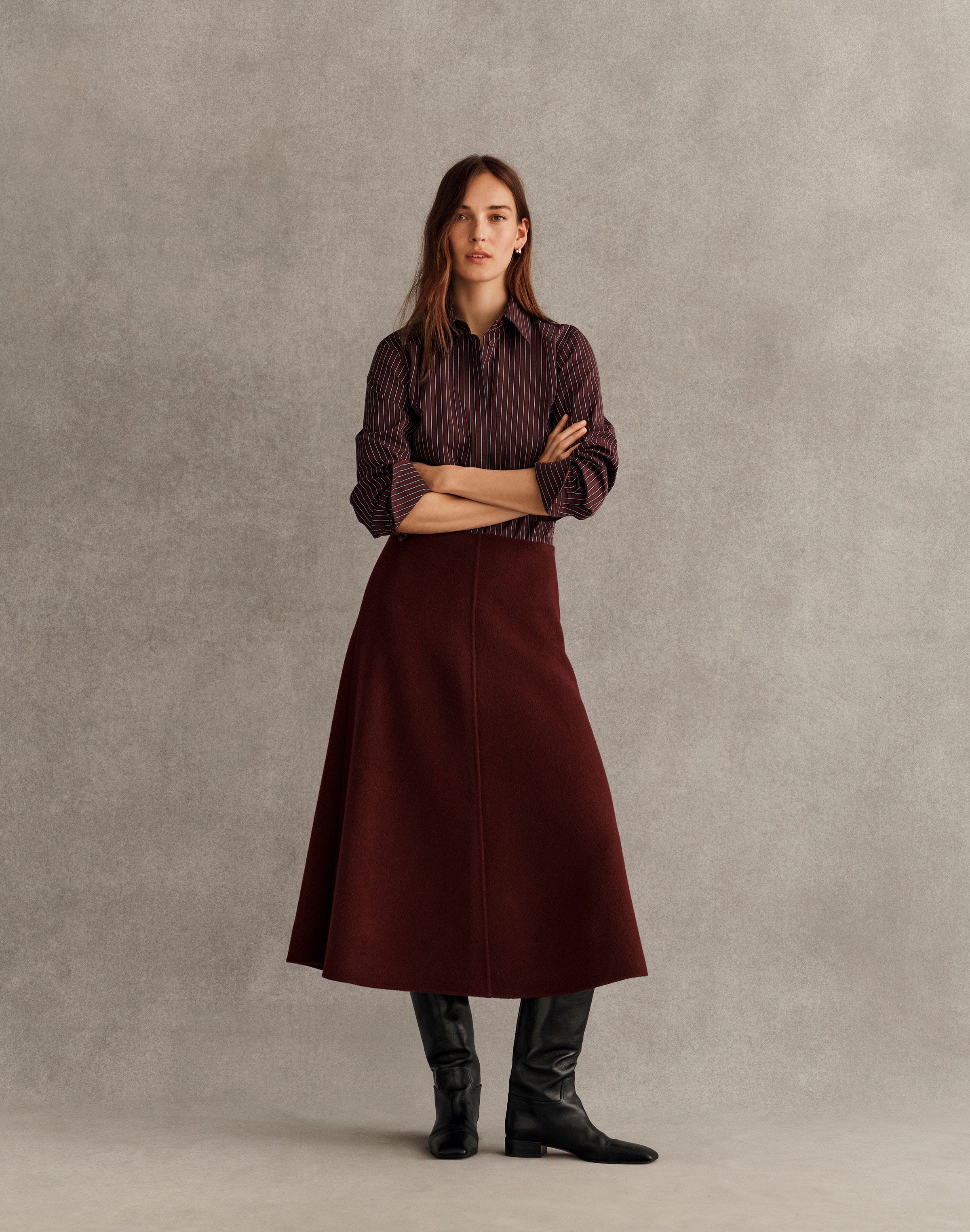 Pinstripe Cotton Shirt and Wool-Cashmere Skirt