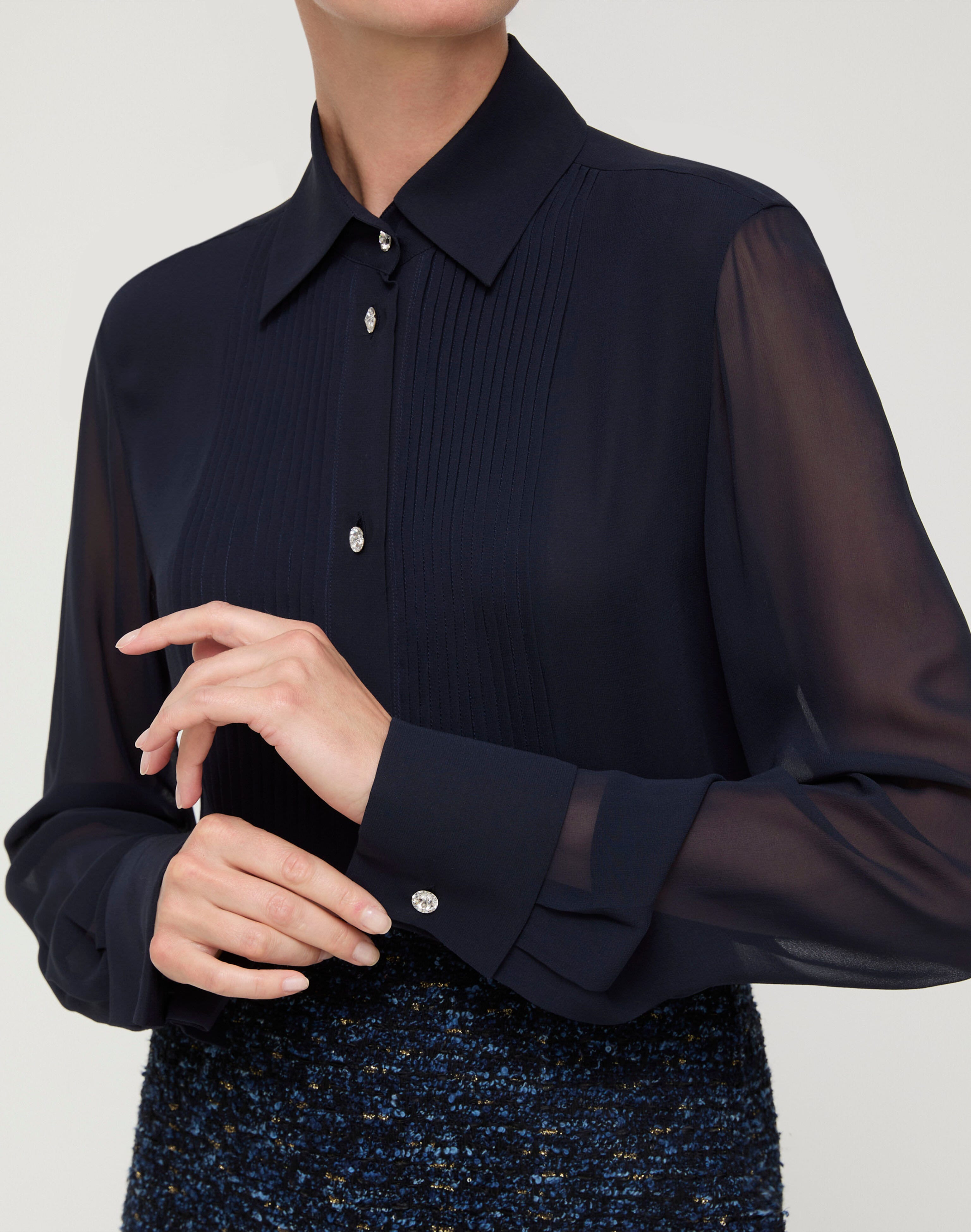 Silk Georgette Crystal Button Tuxedo Blouse