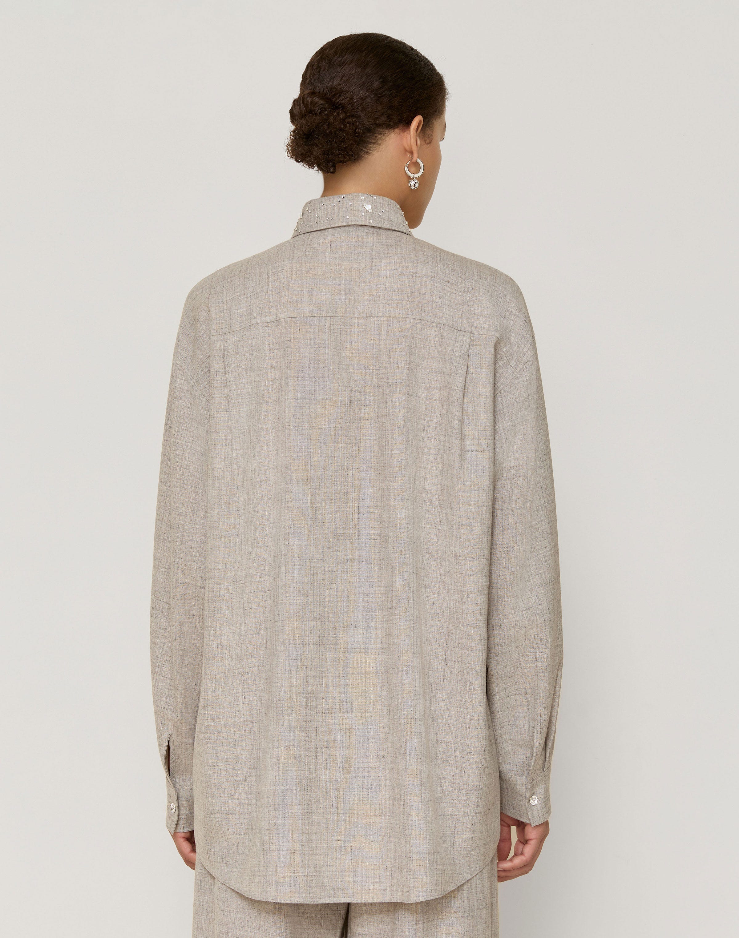 Tropical Wool-Silk Crystal Embellished Collar Oversized Shirt 