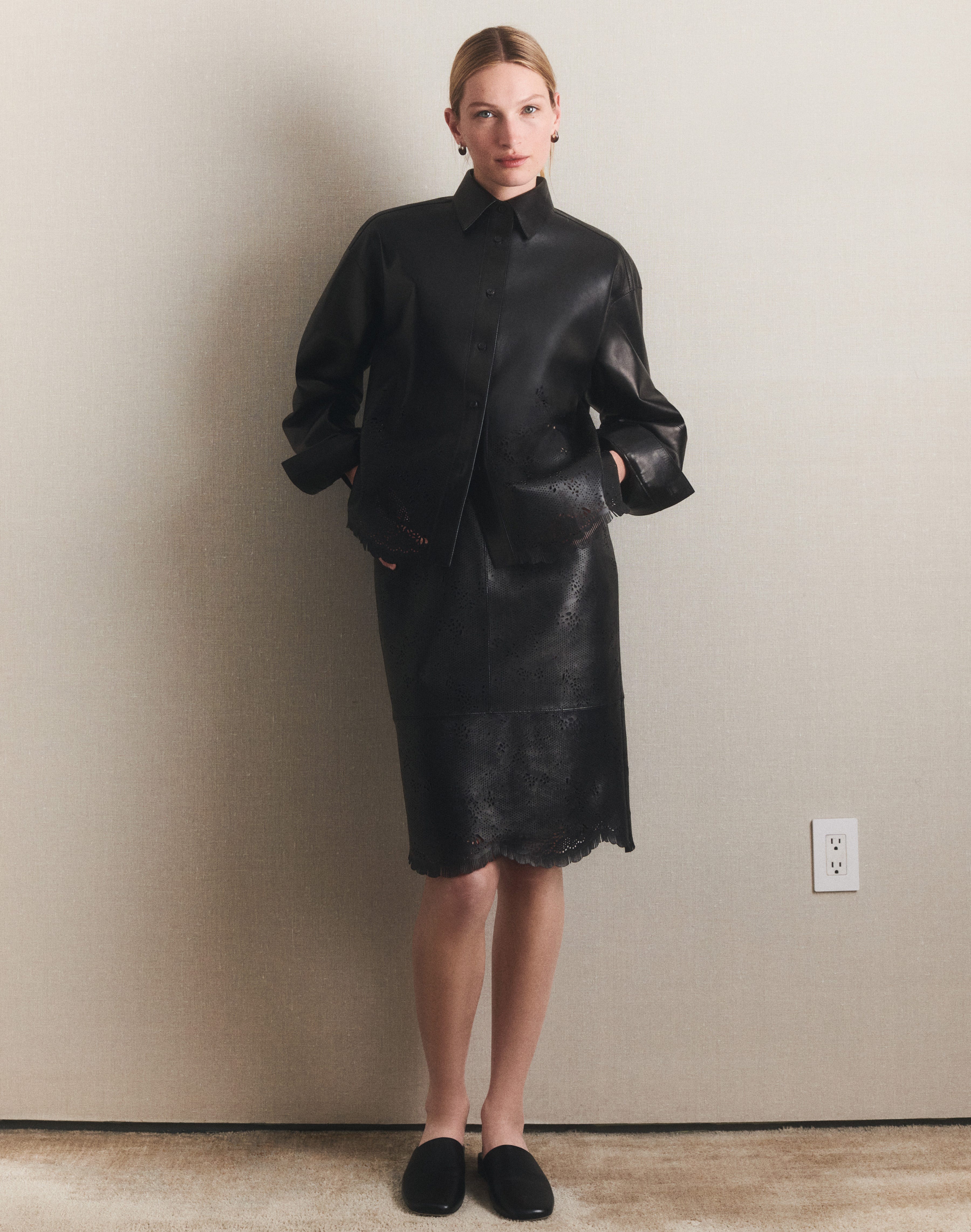 Laser Cut Nappa Leather Shirt and Skirt