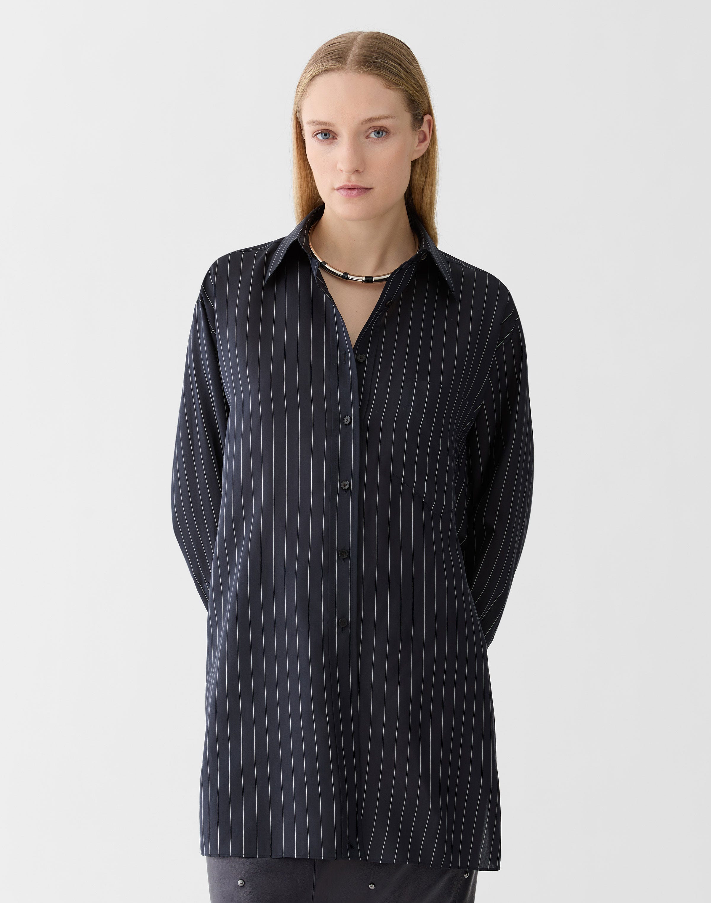 Pinstripe Silk Convertible Wrap Blouse