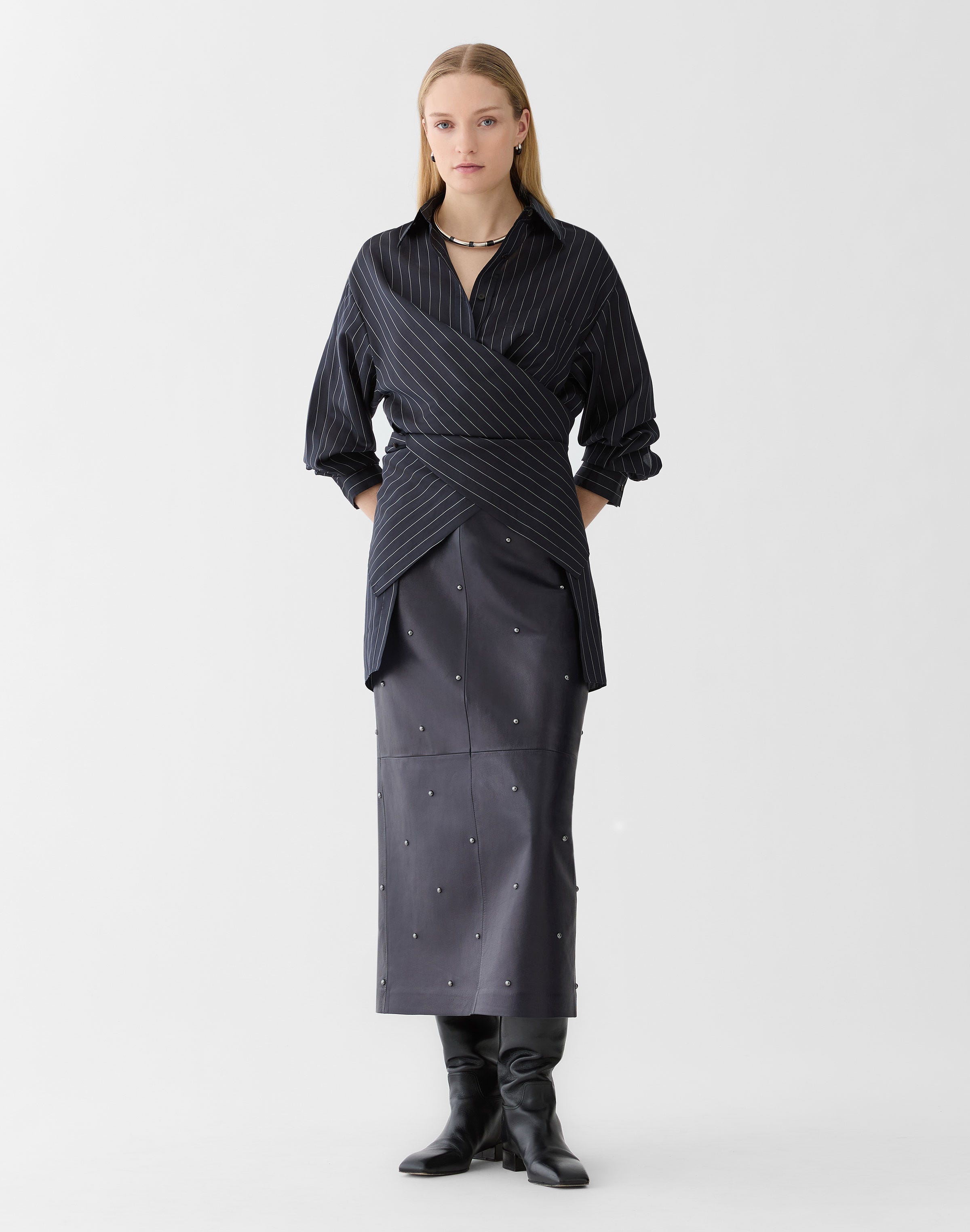 Pinstripe Silk Convertible Wrap Blouse
