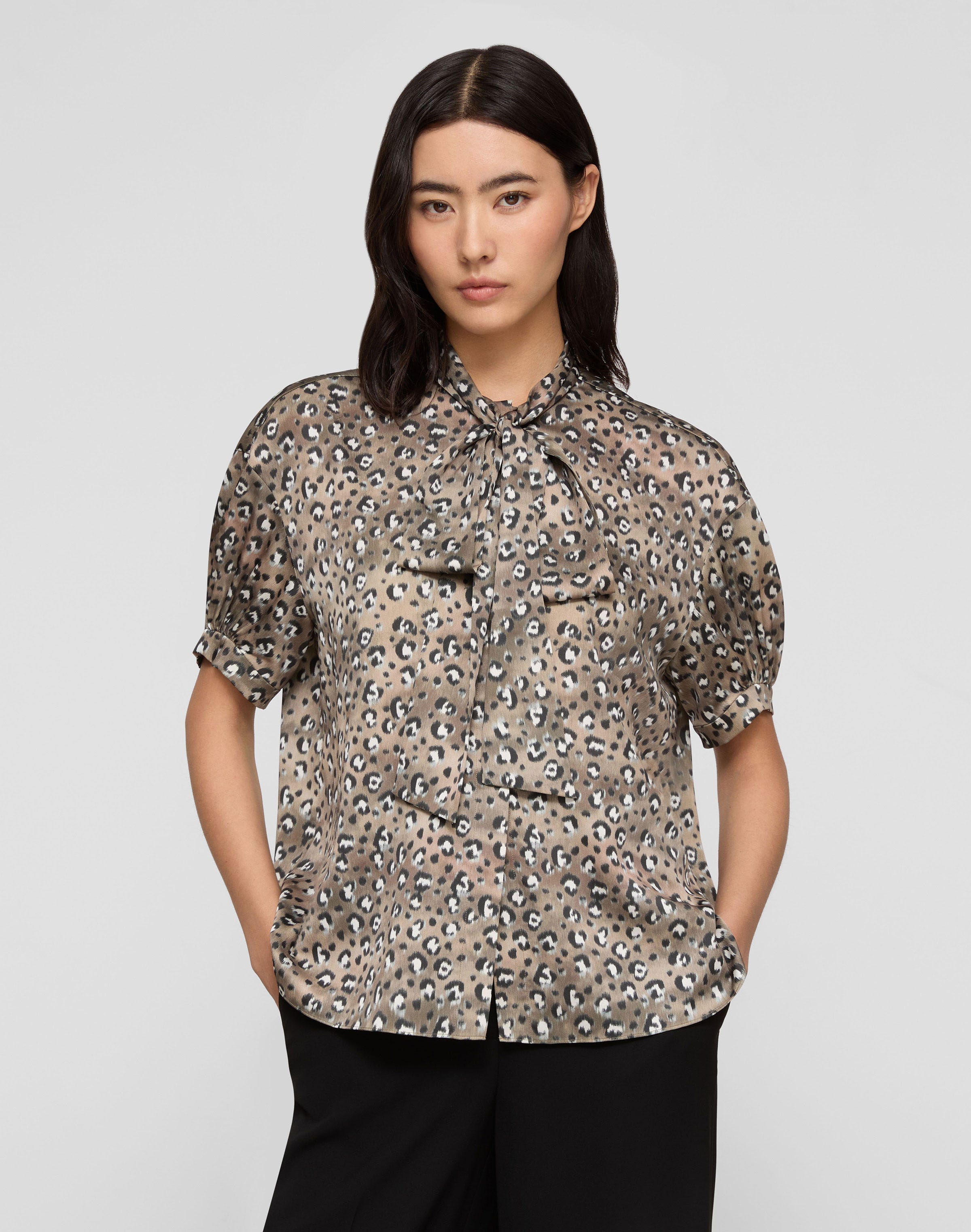 Leopard Print Satin Puff Sleeve Bow Blouse