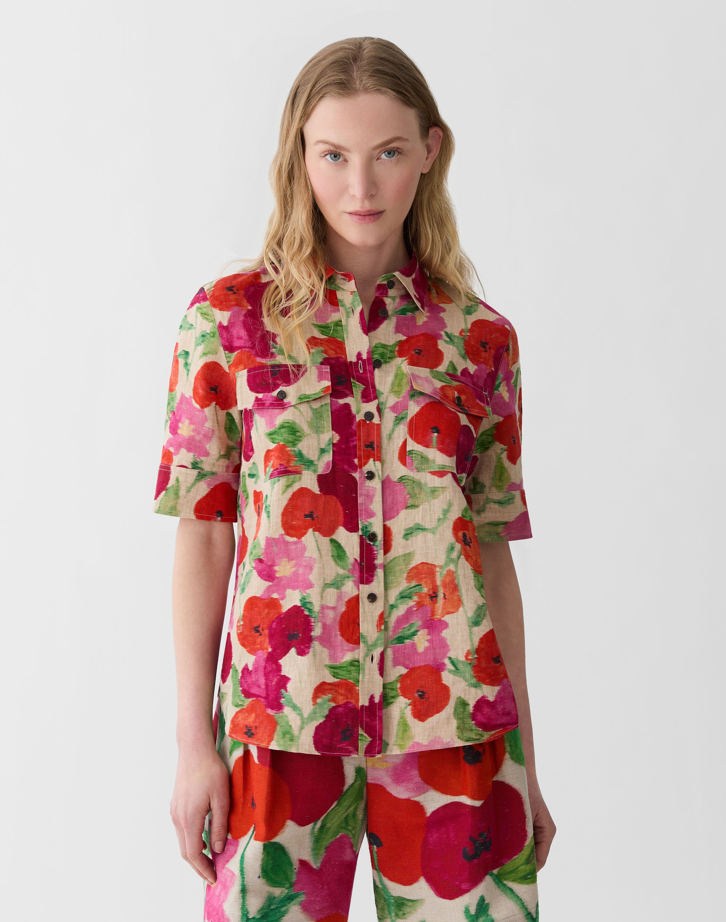 Blossom Print Organic Linen Patch Pocket Shirt