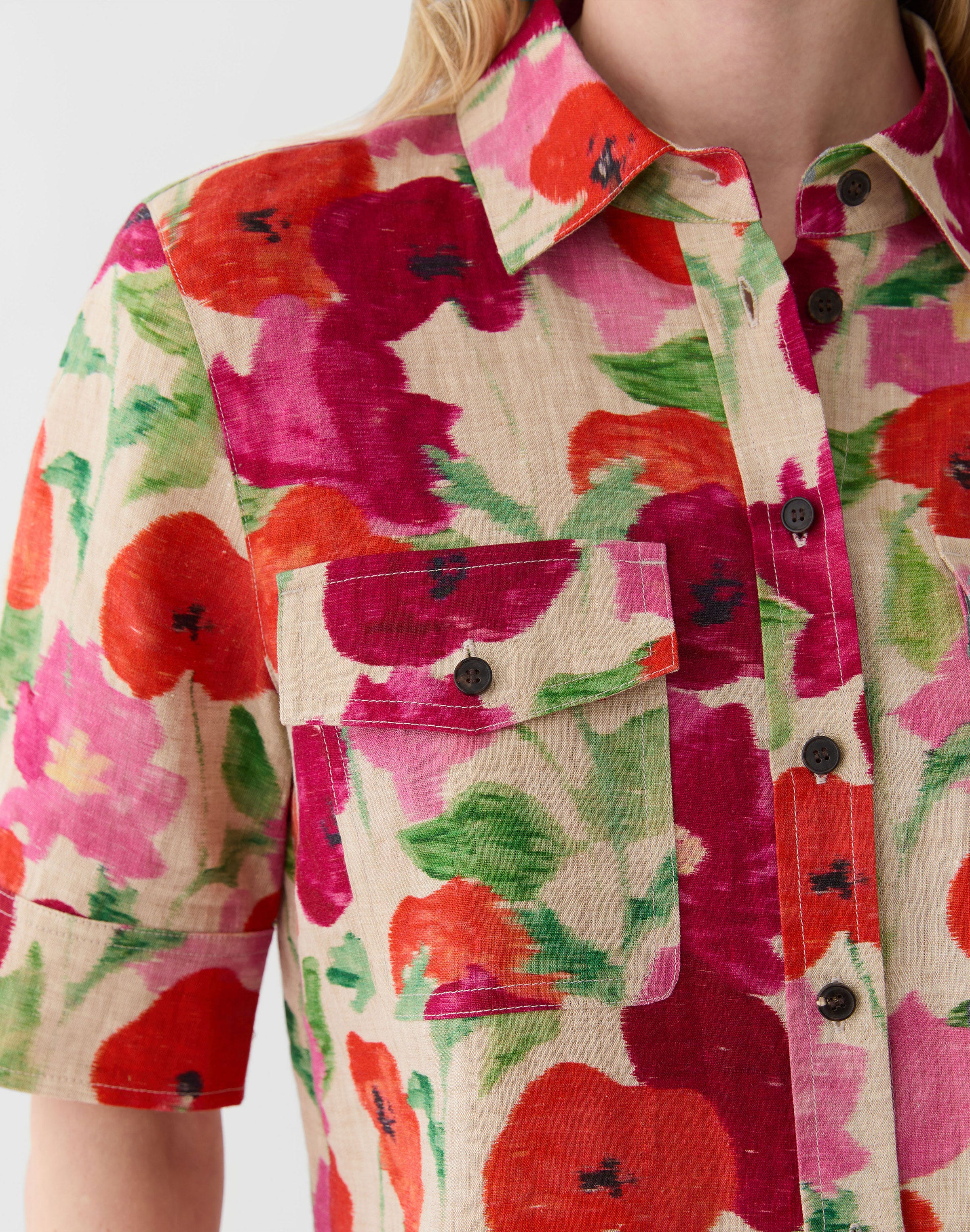 Blossom Print Organic Linen Patch Pocket Shirt