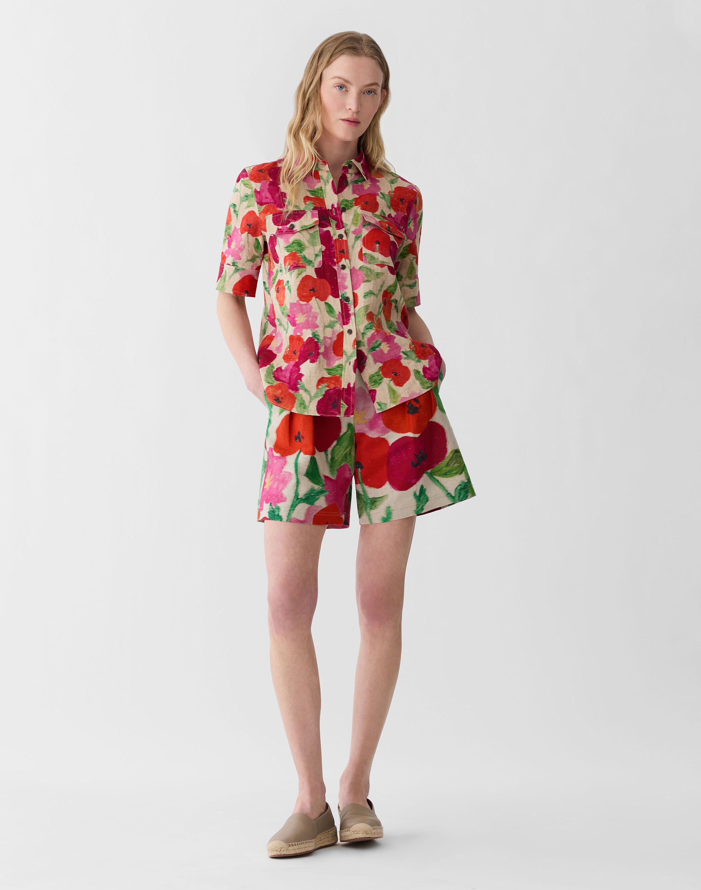 Blossom Print Organic Linen Patch Pocket Shirt