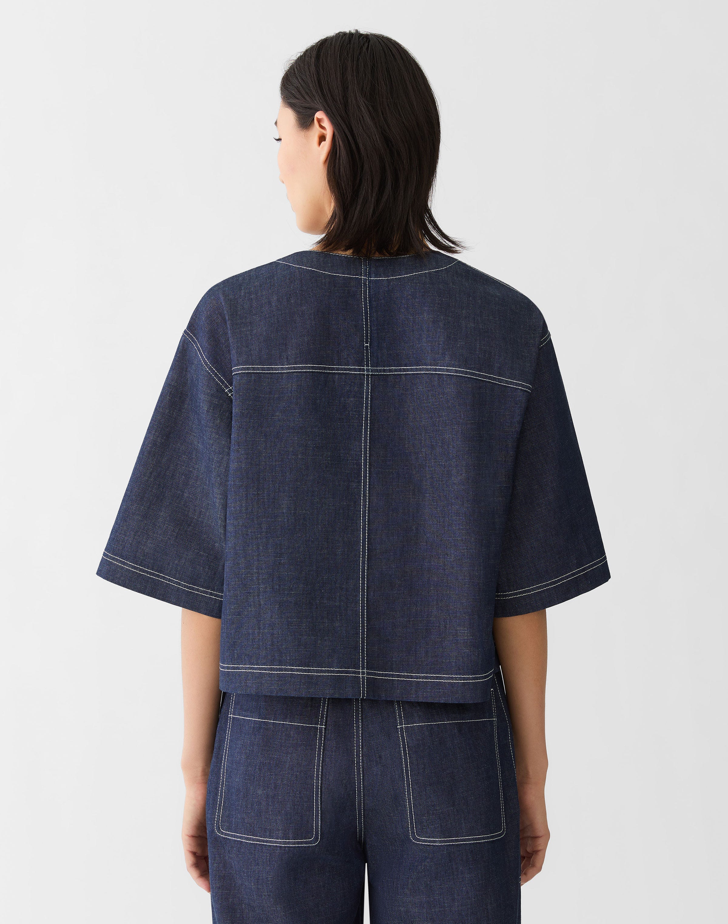 Chambray Short Sleeve Cropped Shirt