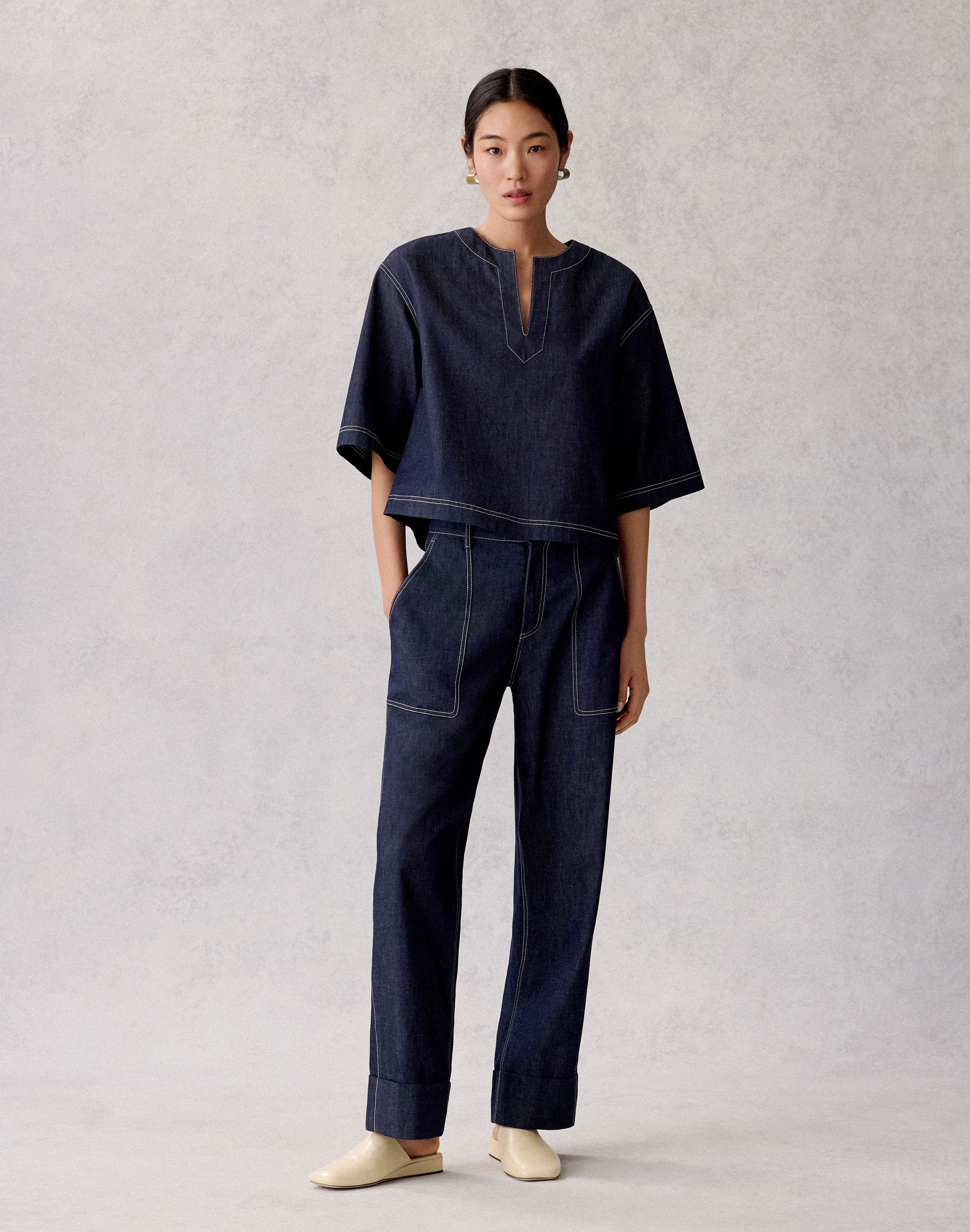 Chambray Short Sleeve Cropped Shirt