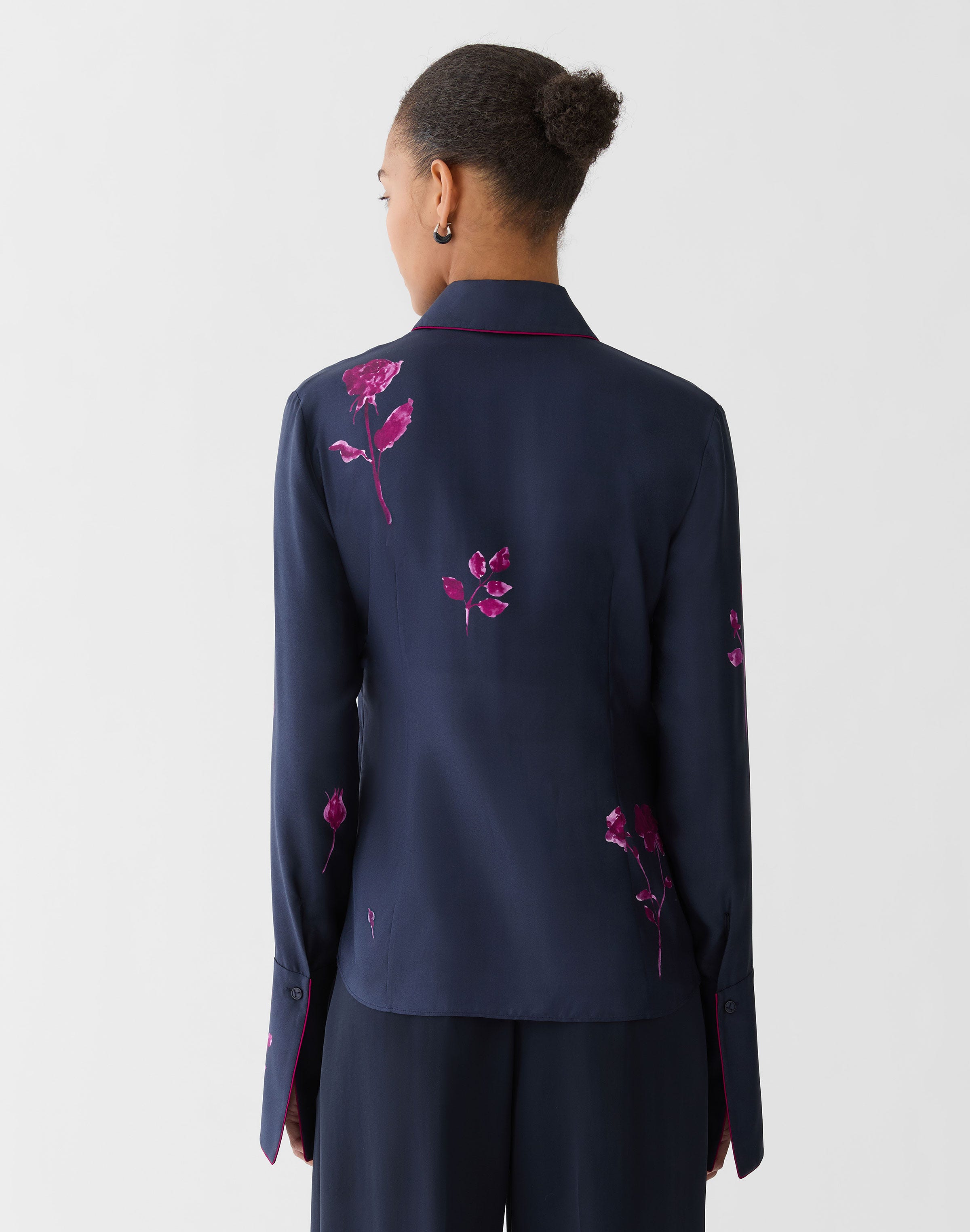 Rose Print Silk Twill French Cuff Blouse