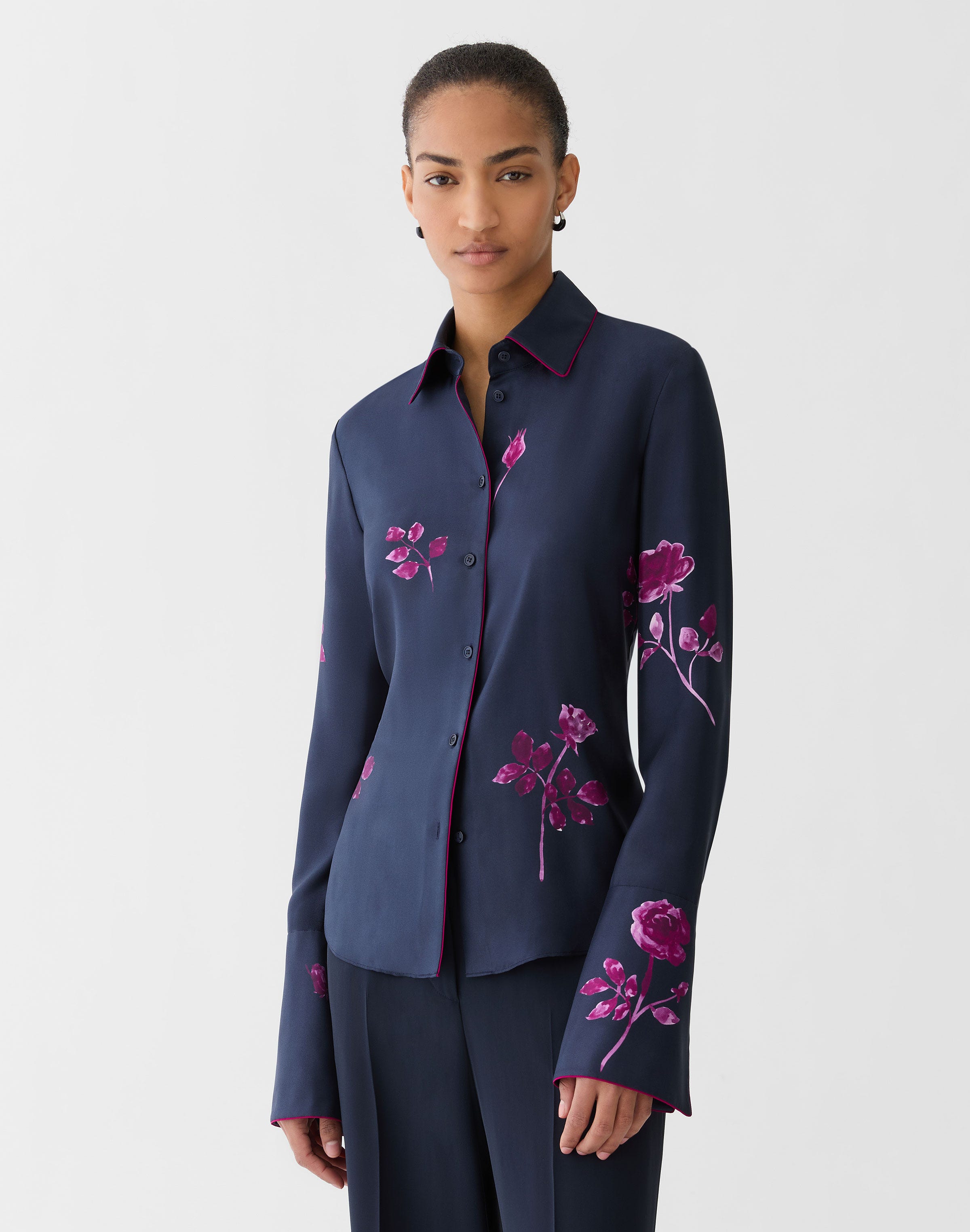 Rose Print Silk Twill French Cuff Blouse