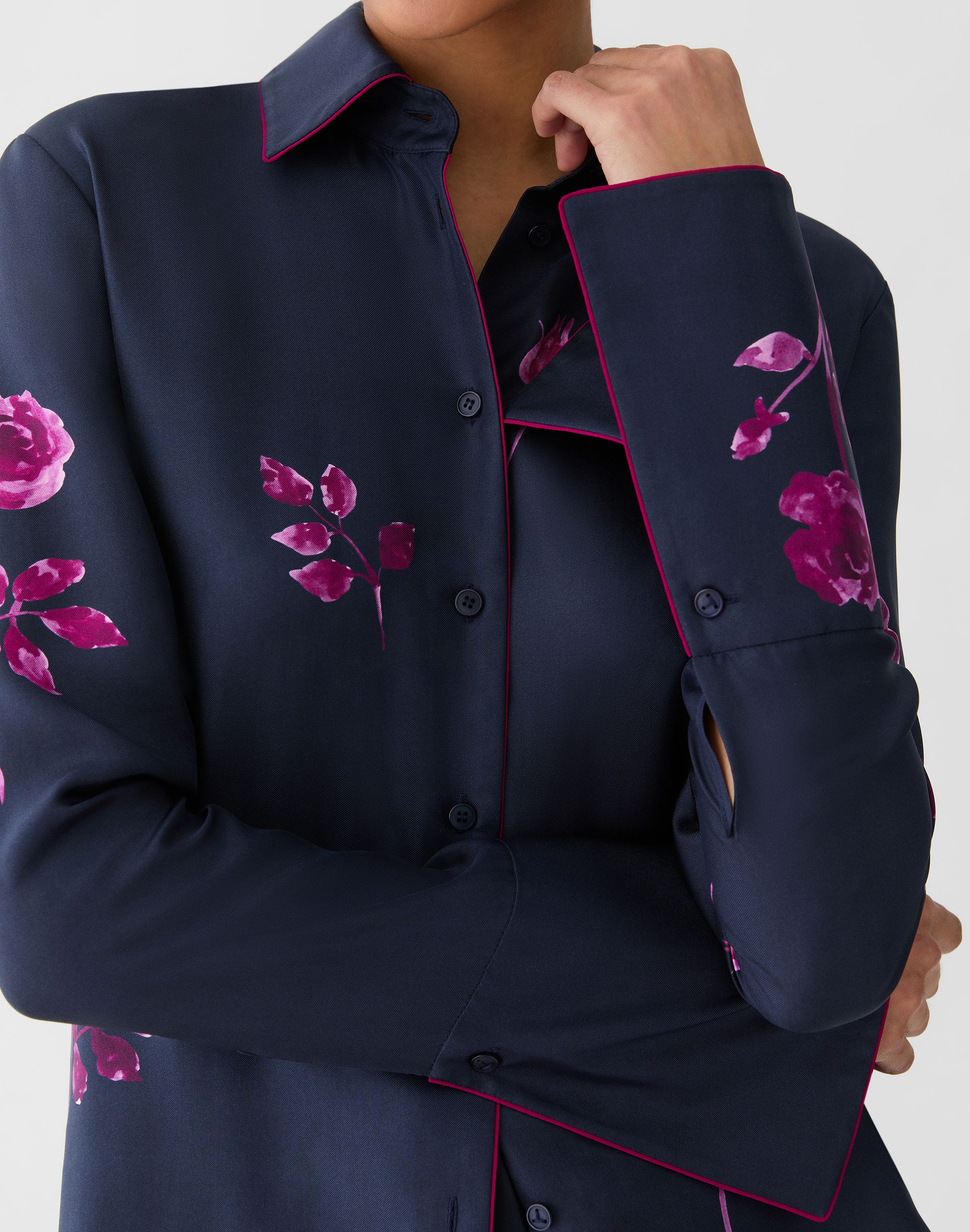 Rose Print Silk Twill French Cuff Blouse