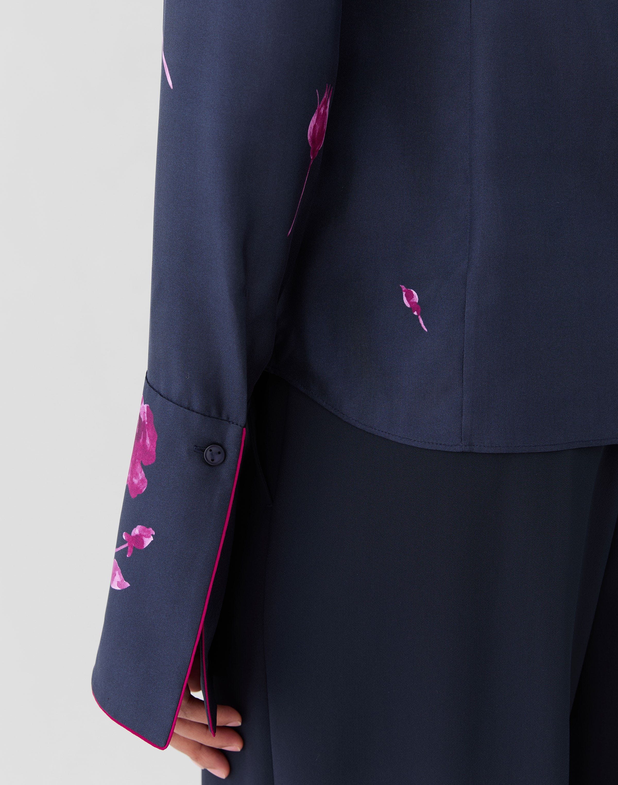 Rose Print Silk Twill French Cuff Blouse