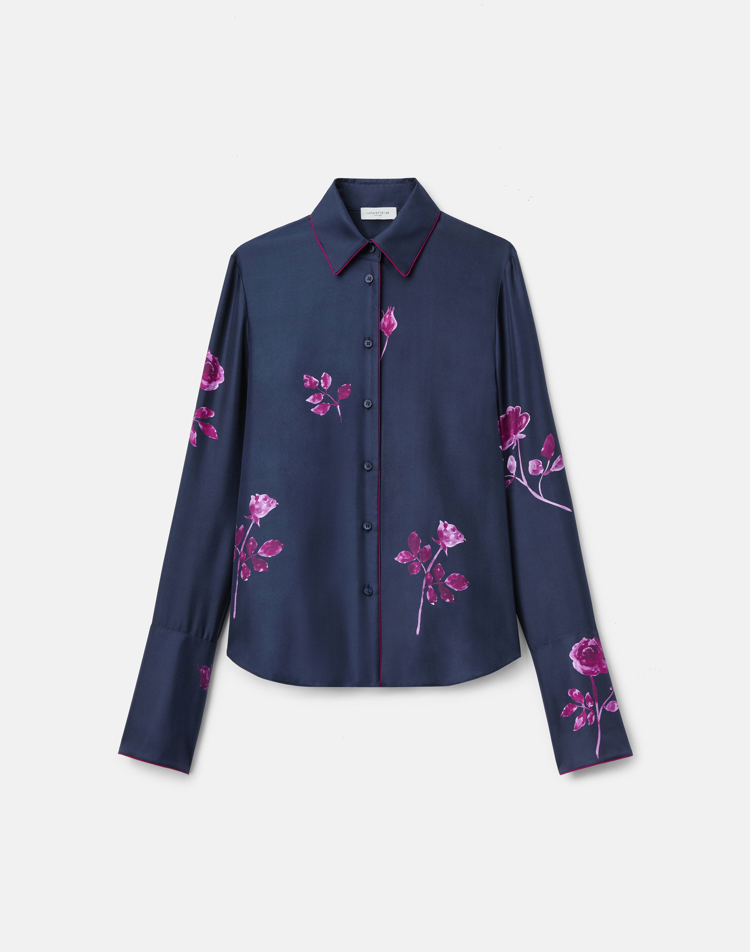 Rose Print Silk Twill French Cuff Blouse