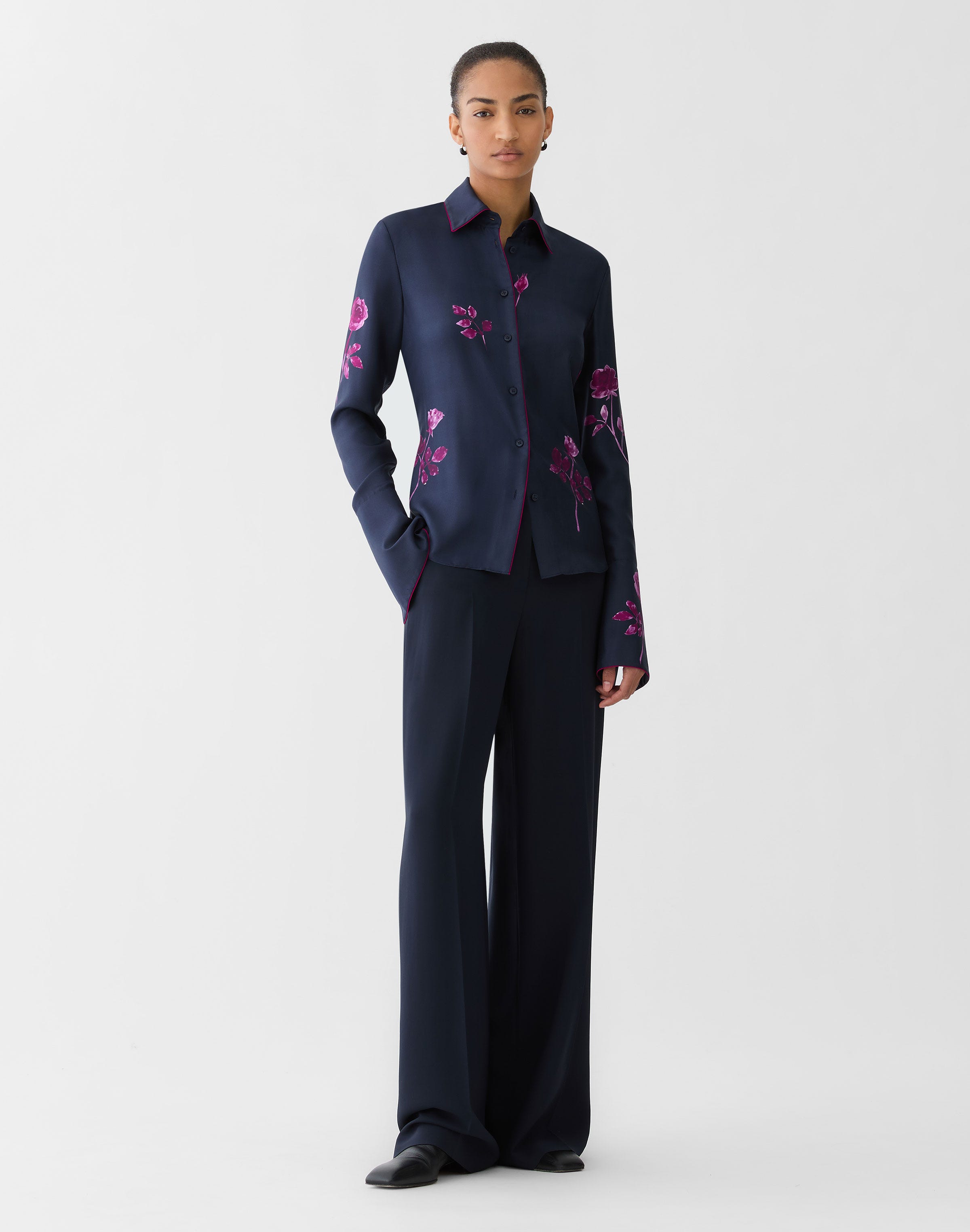 Rose Print Silk Twill French Cuff Blouse
