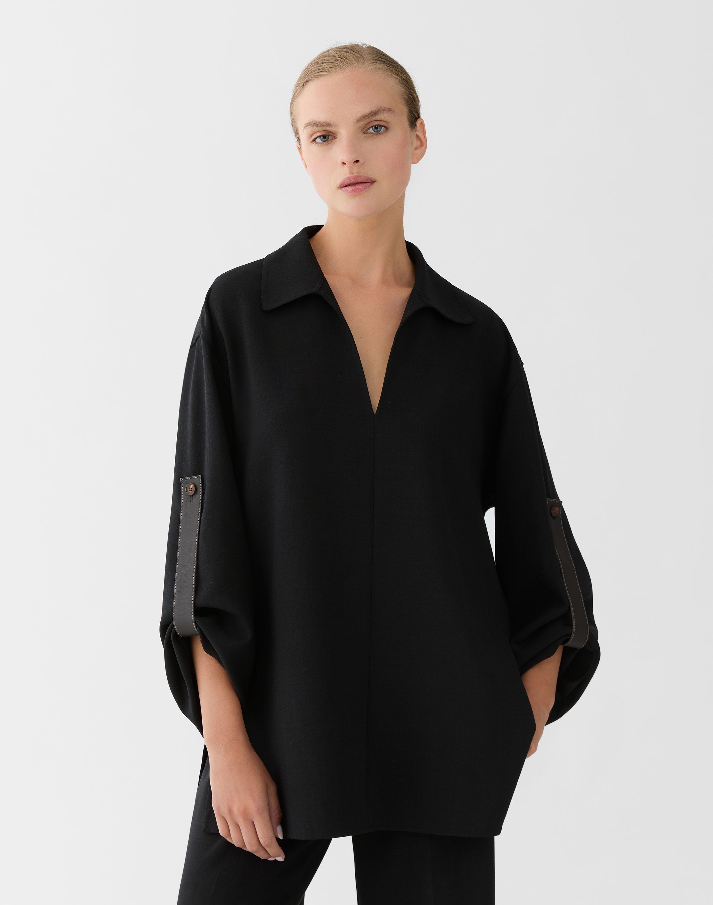 Responsible Wool Double Face Tab Sleeve Blouse 