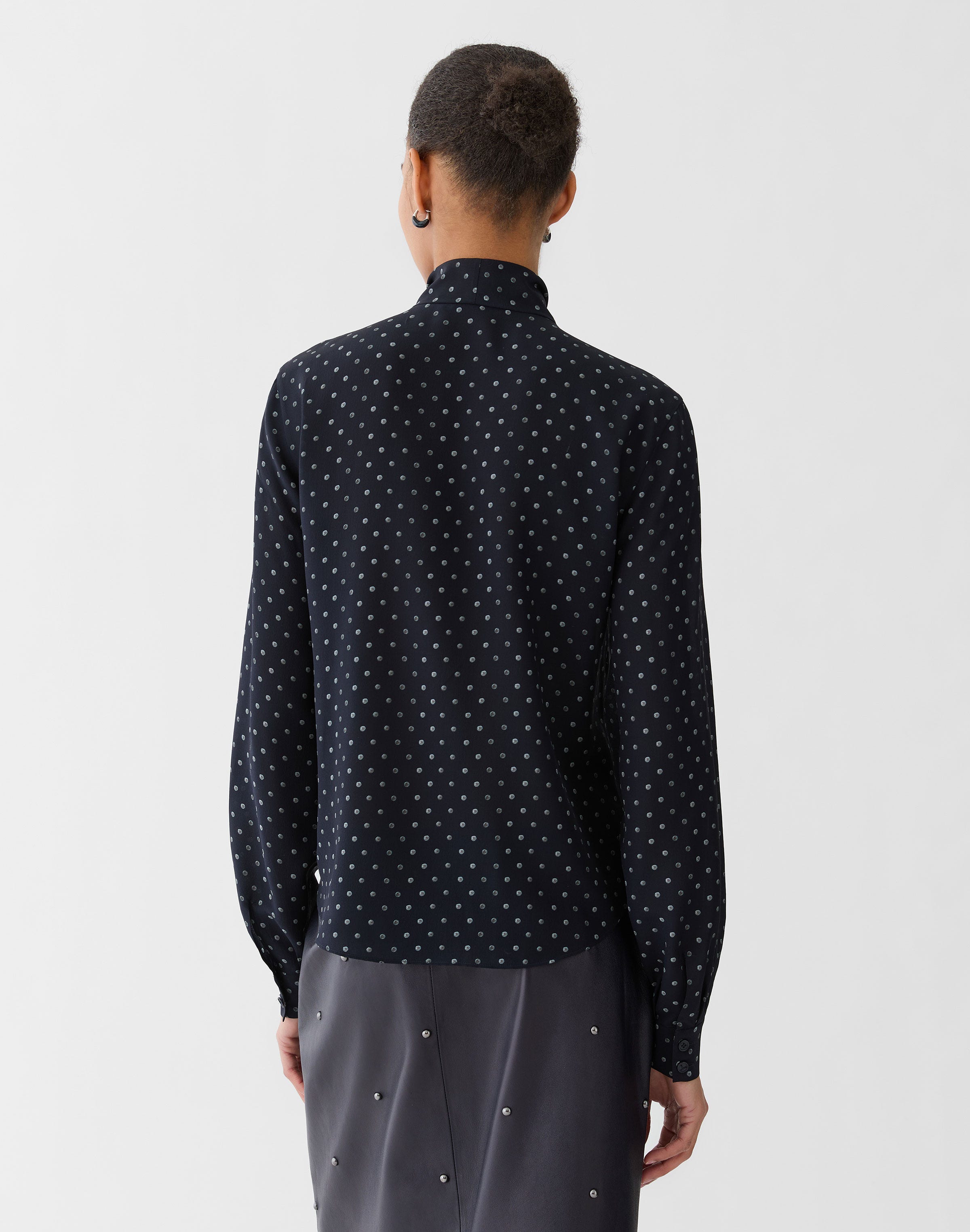 Polka Dot Print Silk Crepe De Chine Tie Neck Blouse