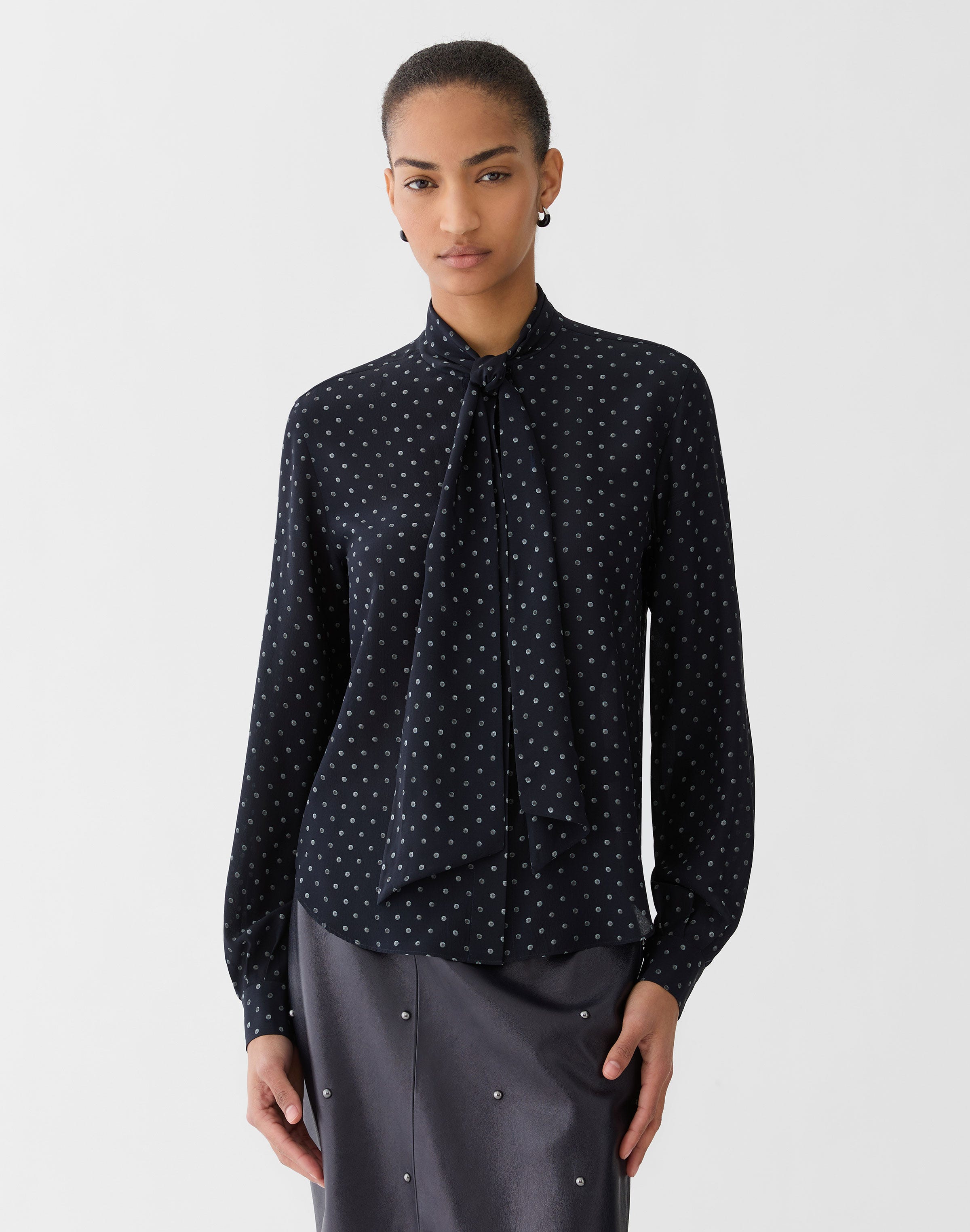 Polka Dot Print Silk Crepe De Chine Tie Neck Blouse