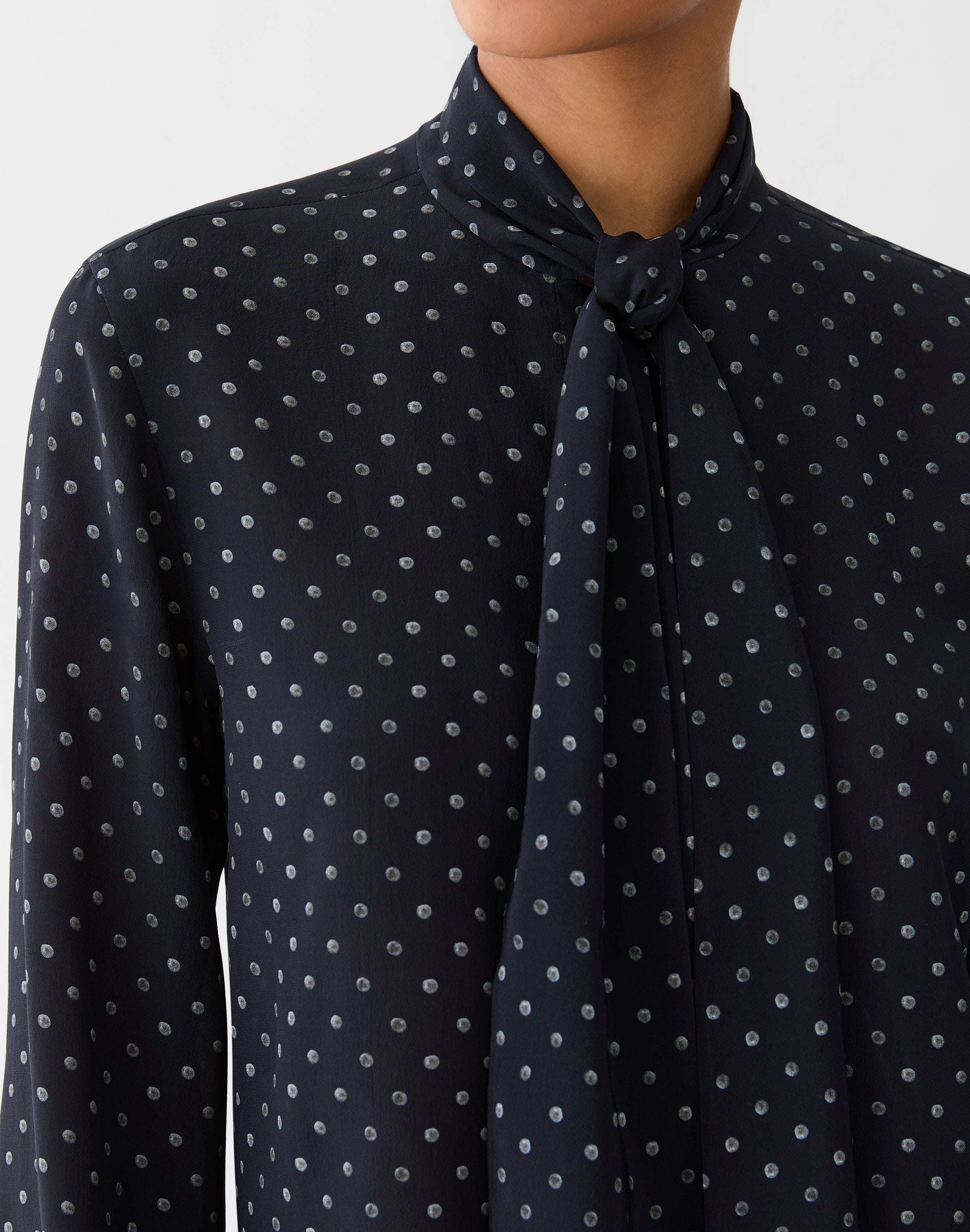 Polka Dot Print Silk Crepe De Chine Tie Neck Blouse