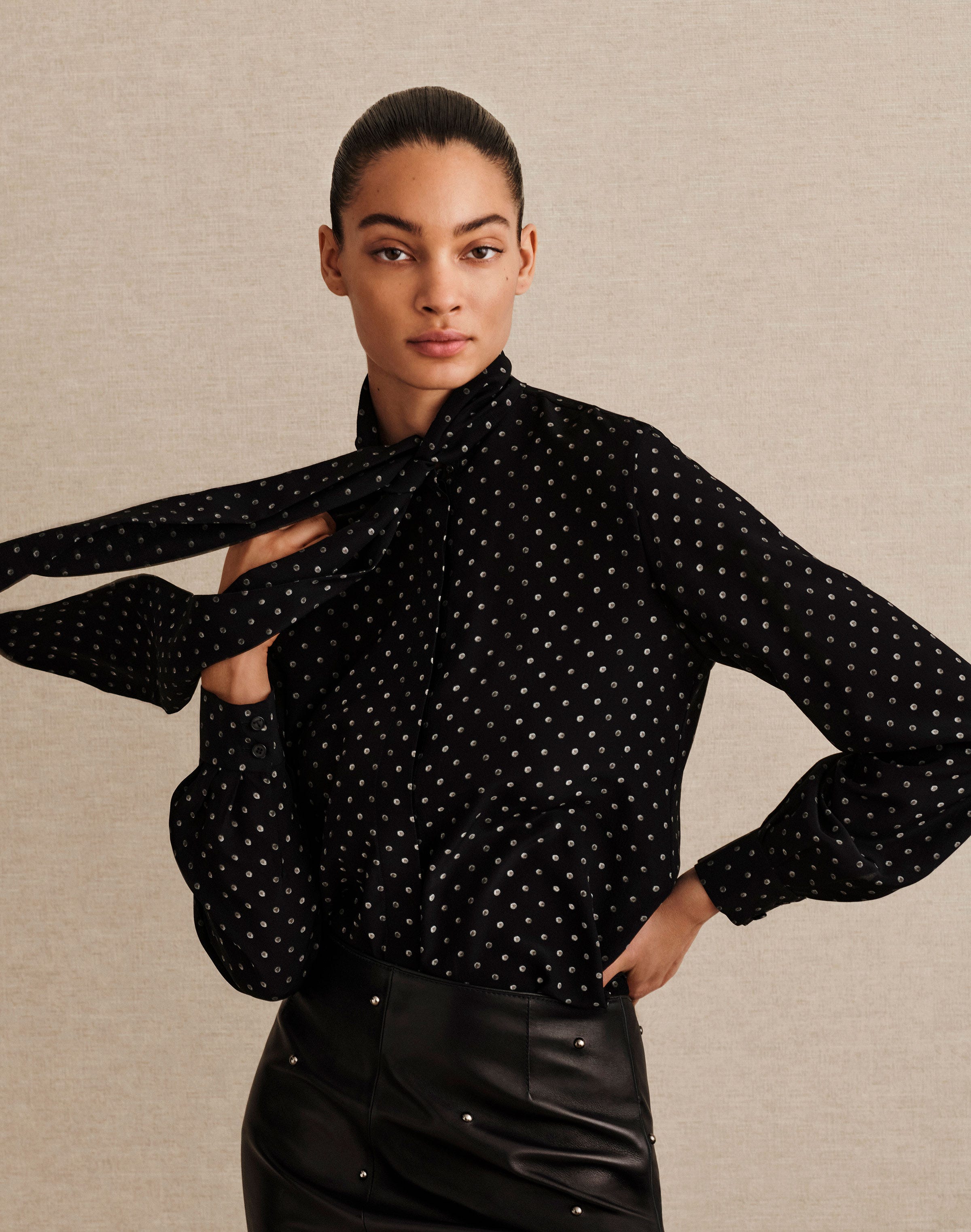 Polka Dot Print Silk Crepe De Chine Tie Neck Blouse