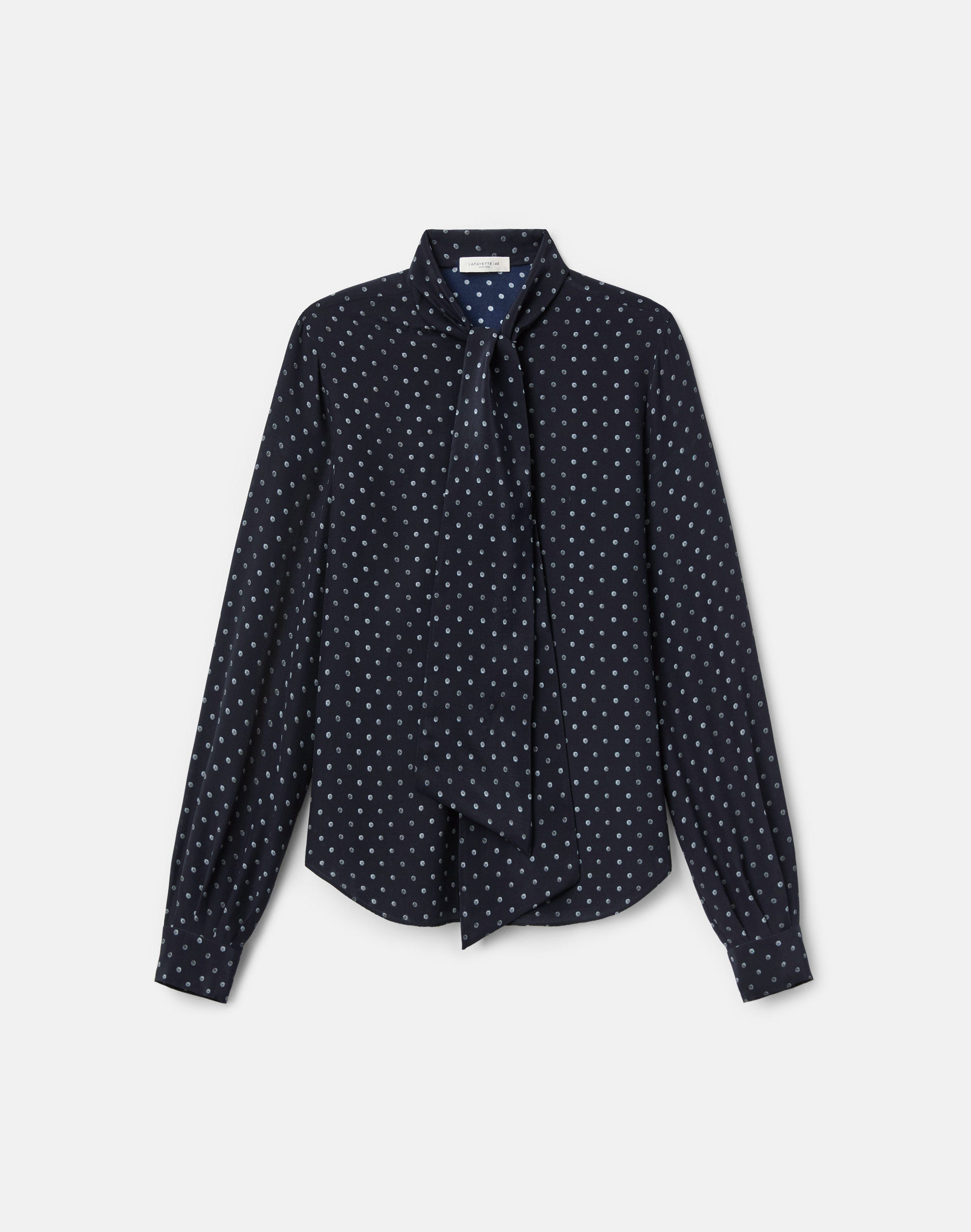 Polka Dot Print Silk Crepe De Chine Tie Neck Blouse