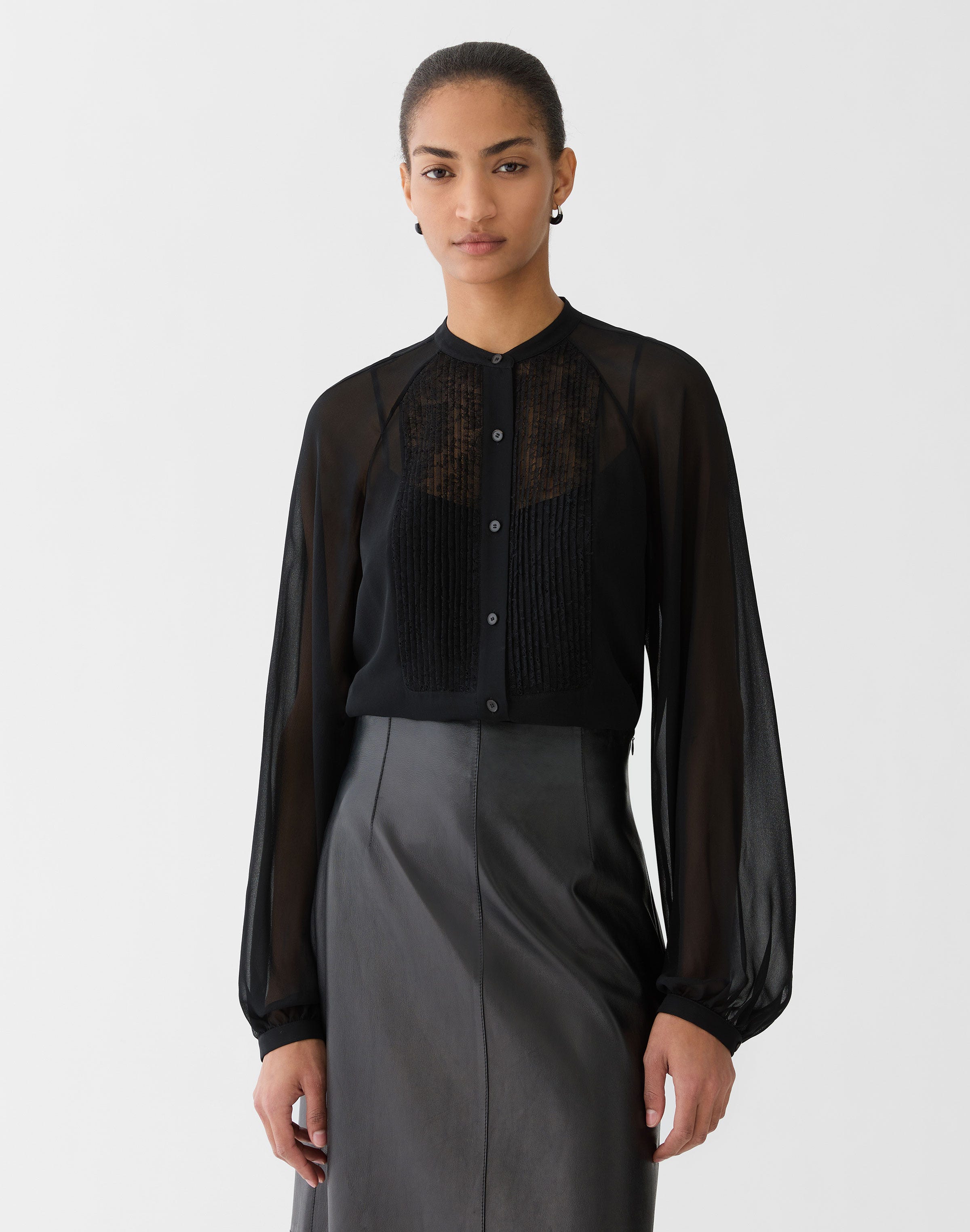 Plus-Size Silk Georgette & Chantilly Lace Tuxedo Blouse