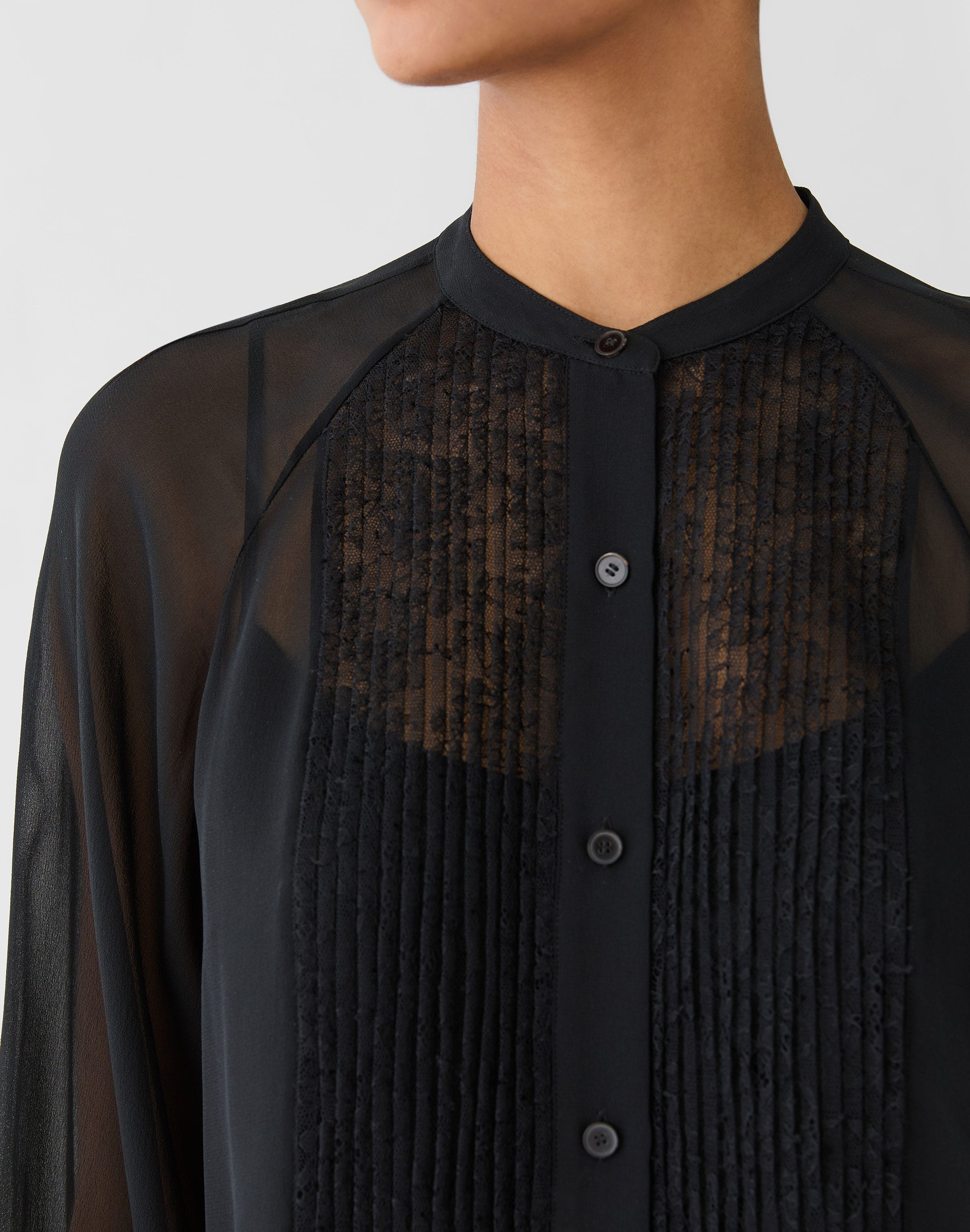 Plus-Size Silk Georgette & Chantilly Lace Tuxedo Blouse