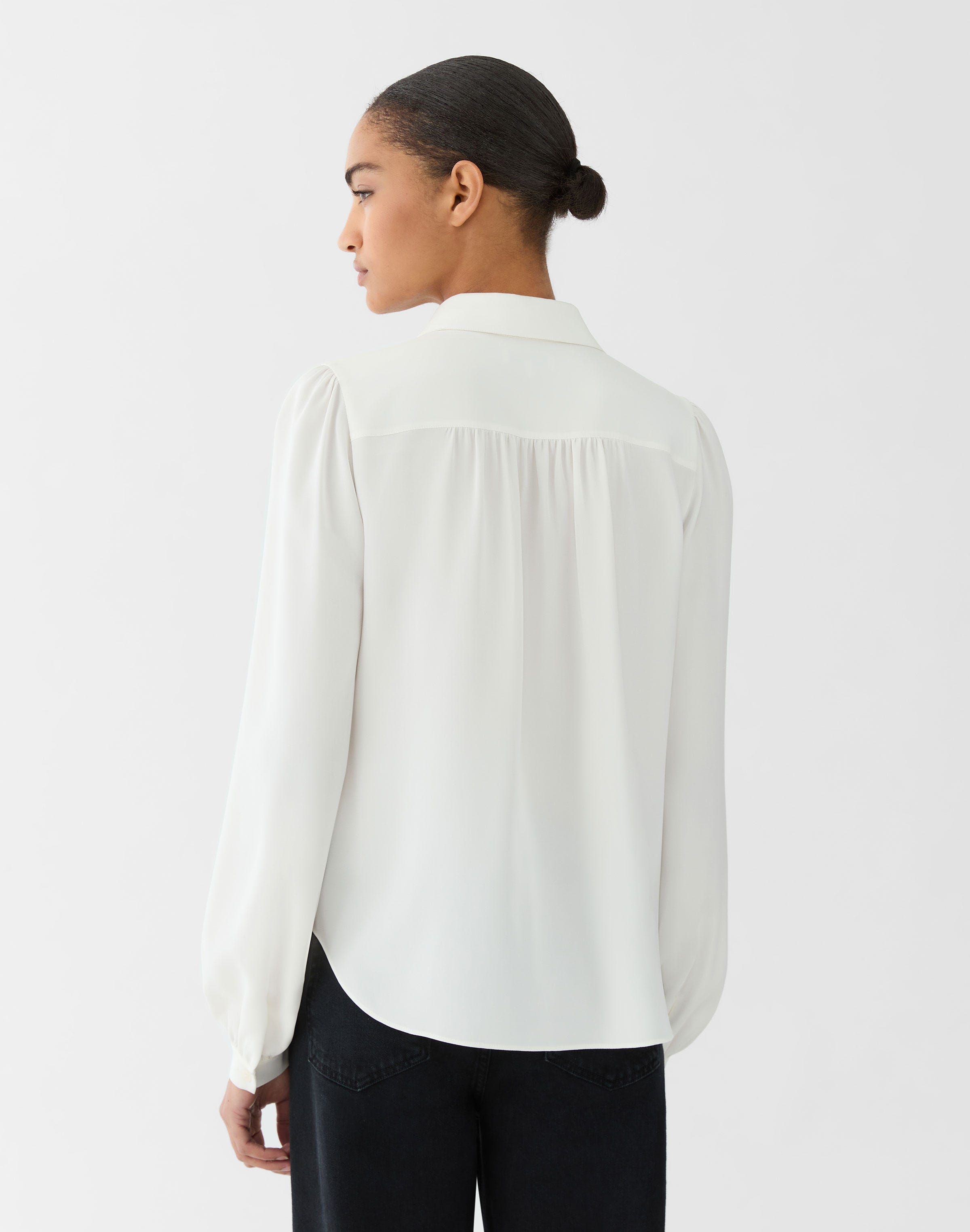 Petite Organic Silk Stretch Georgette Ls Blouse W/ Shirring