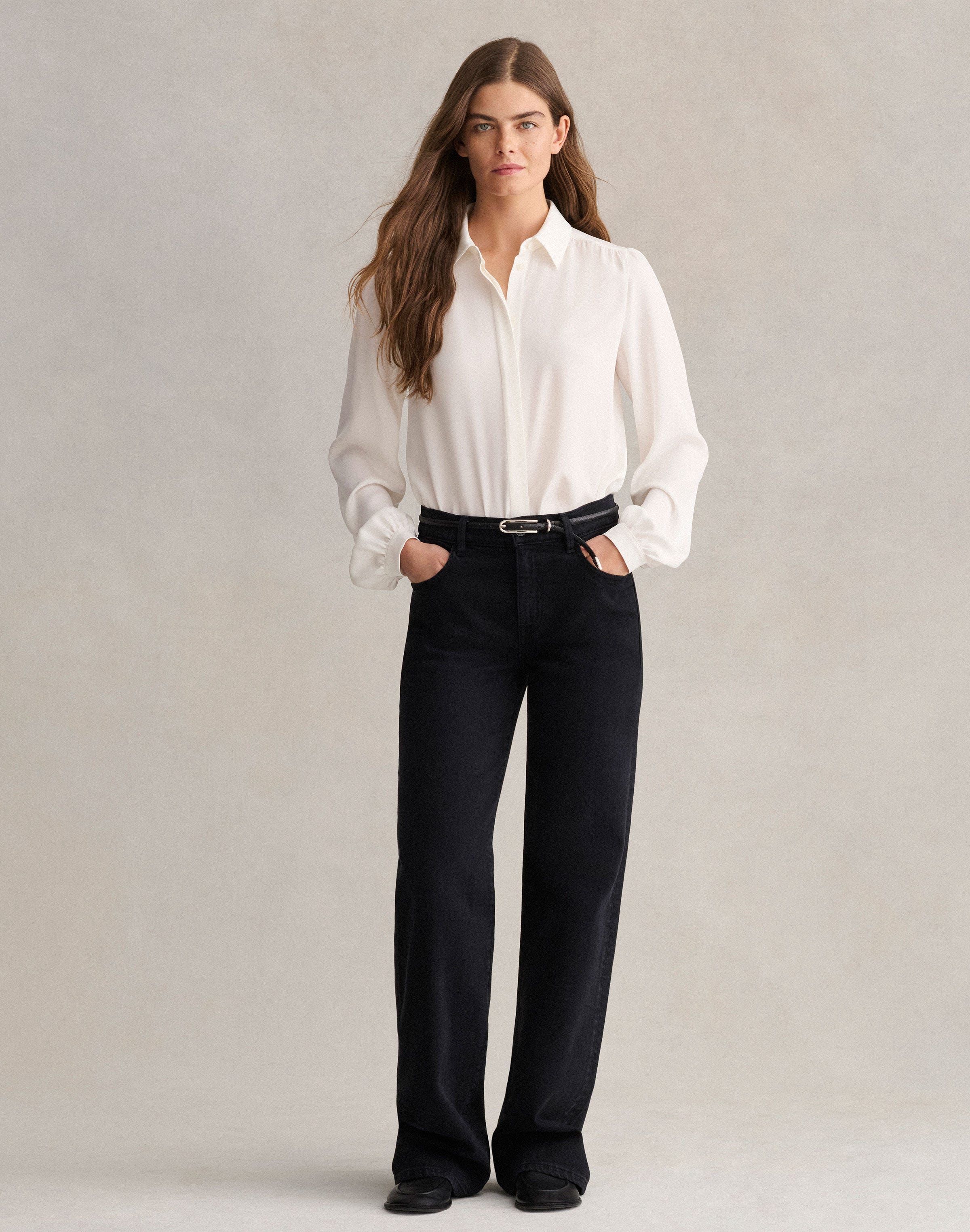 Petite Organic Silk Stretch Georgette Ls Blouse W/ Shirring