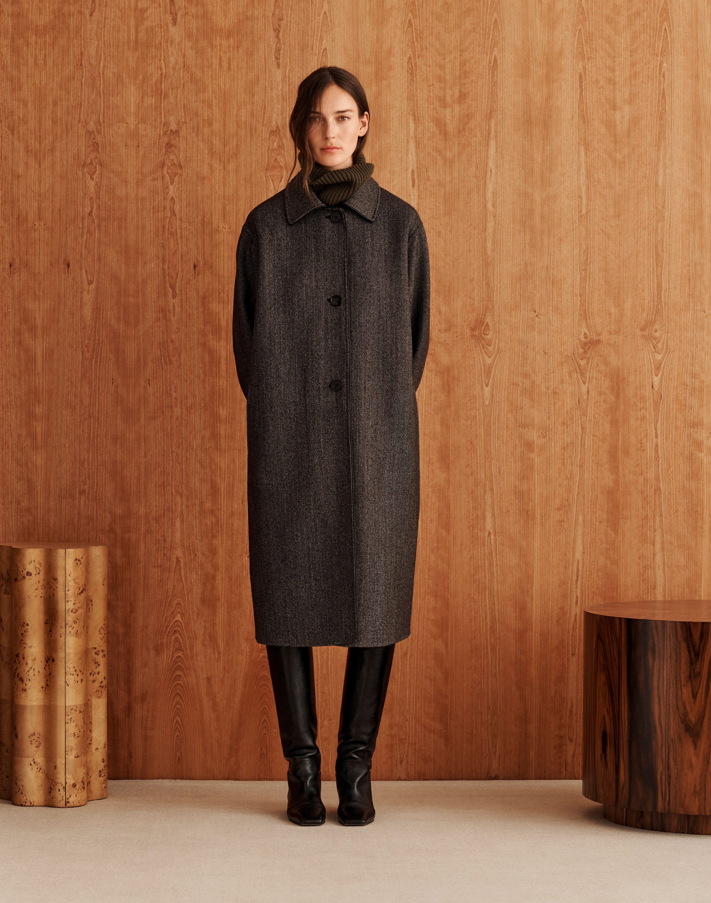 Wool-Cashmere Herringbone Reversible Coat and Wool Dickey