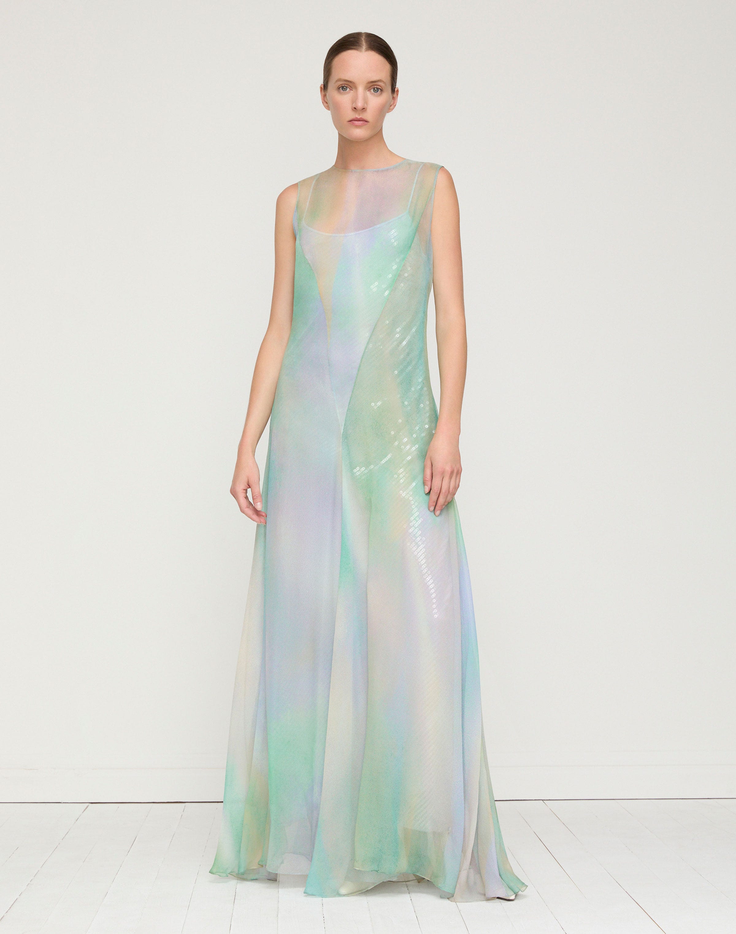 Aurora Print Silk Crépon Flared Gown & Sequin Slip