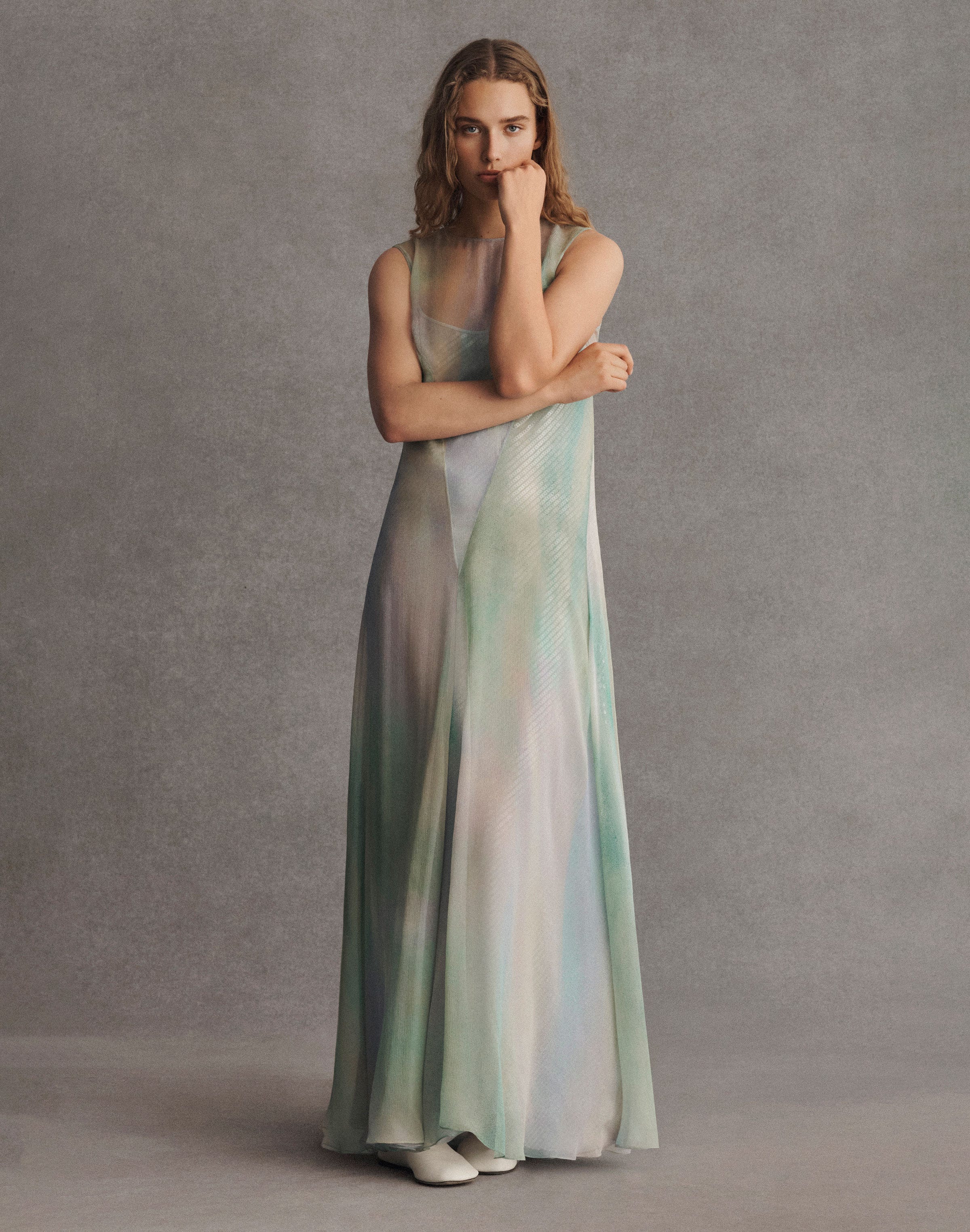 Aurora Print Silk Crépon Flared Gown & Sequin Slip