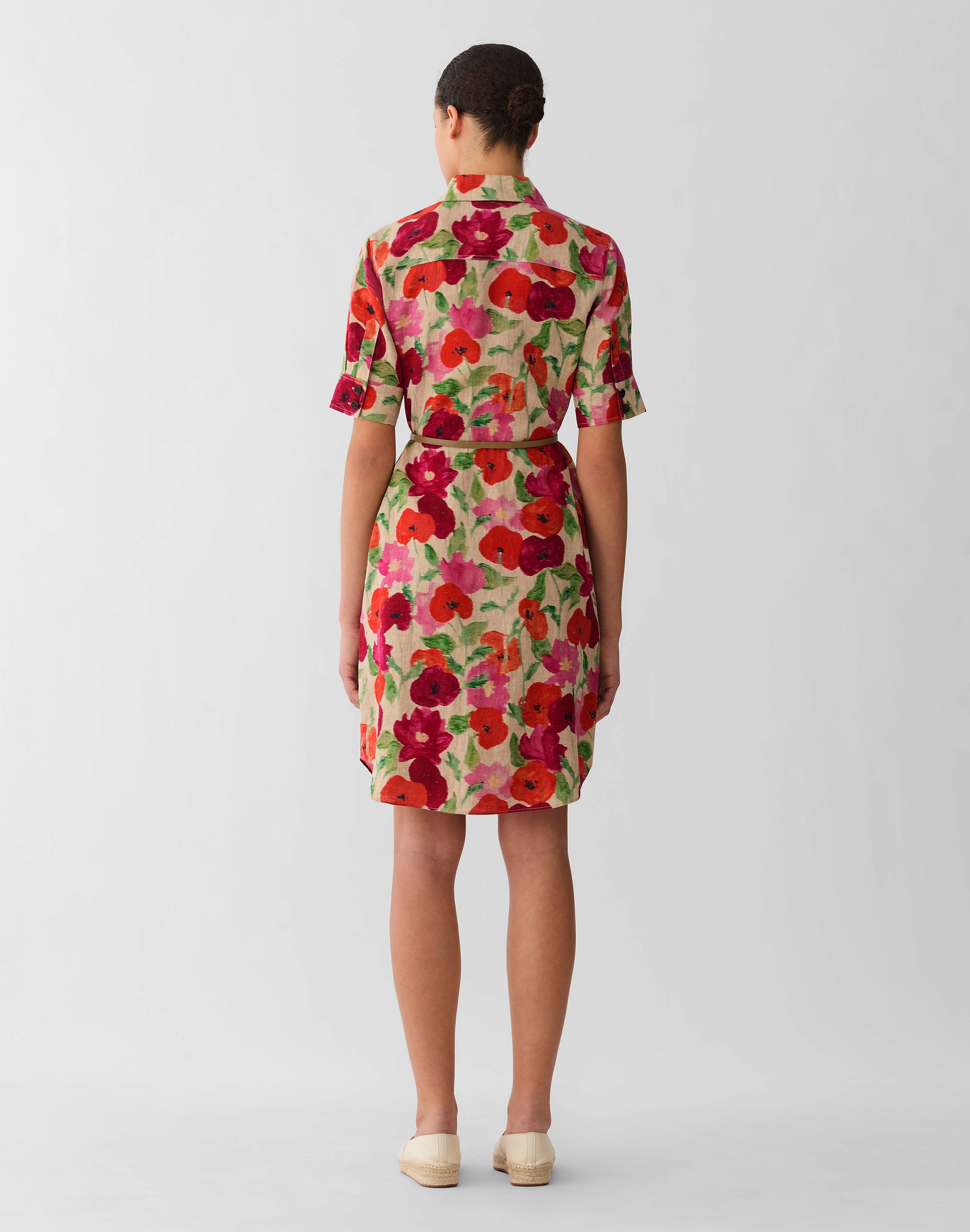 Blossom Print Organic Linen Belted Shirtdress