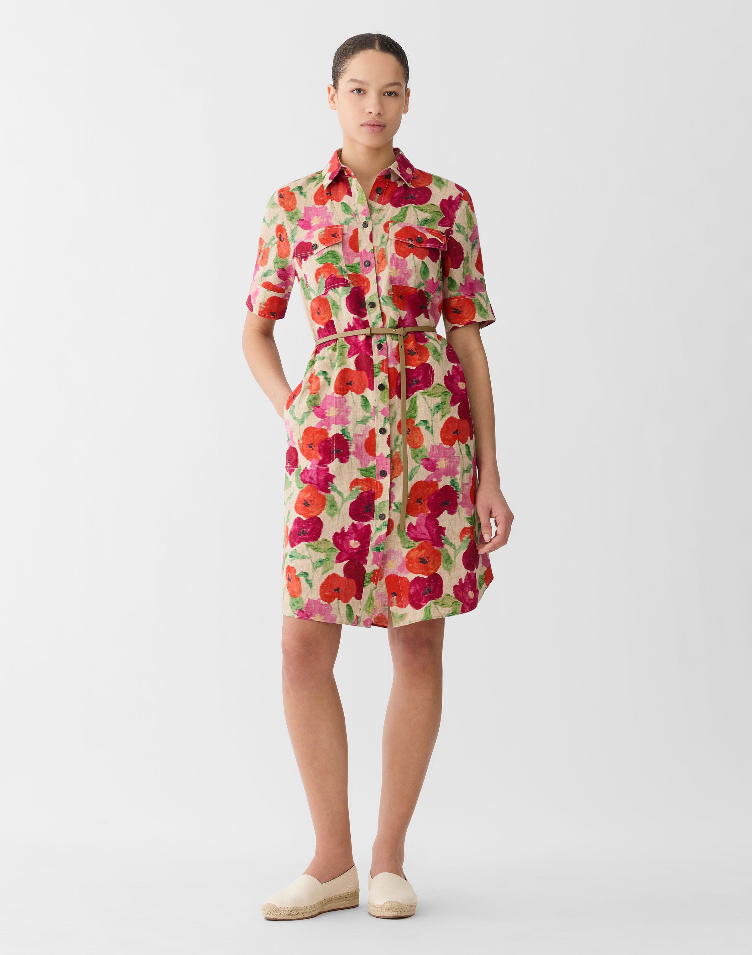 Blossom Print Organic Linen Belted Shirtdress