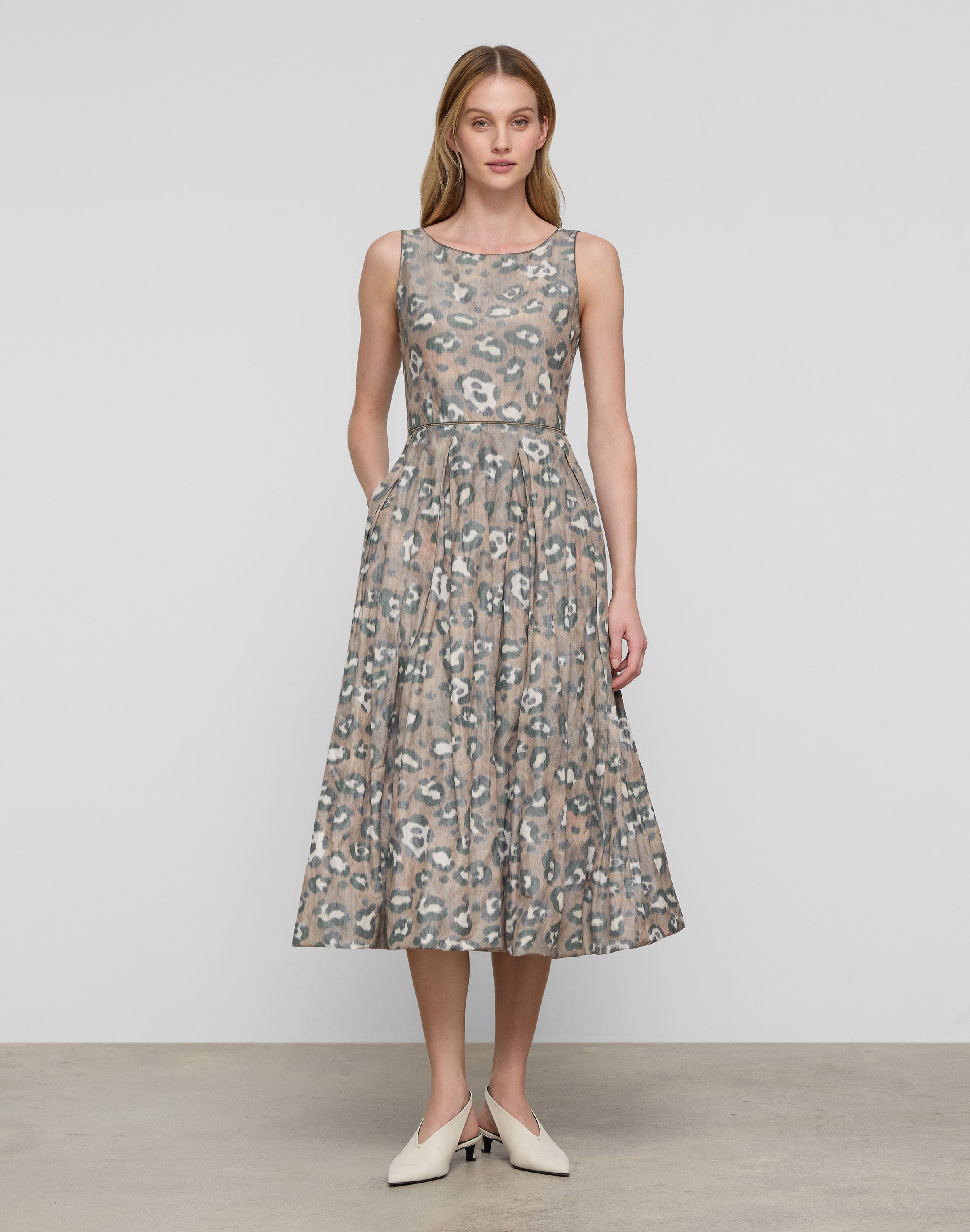 Leopard Warp Print Crinkled Taffeta Fit & Flare Dress