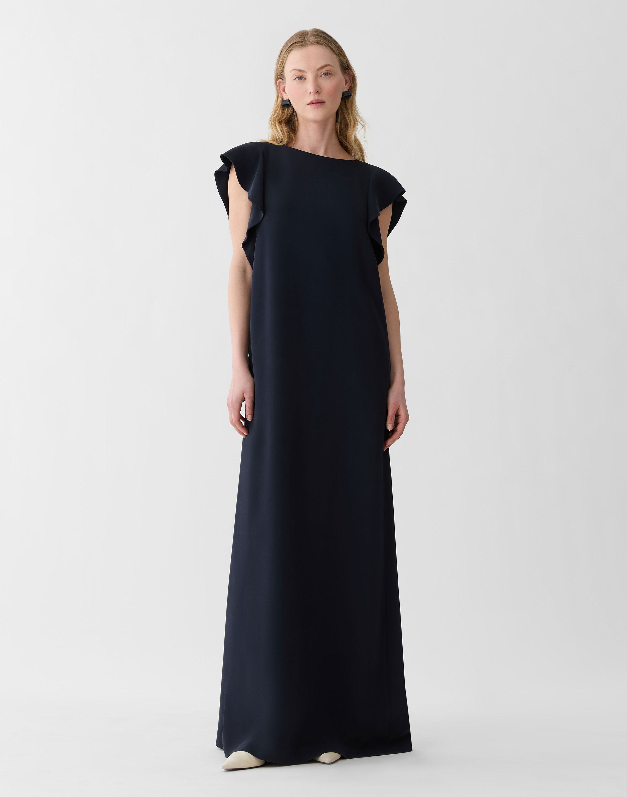 Viscose-Silk Cady Flutter Sleeve Gown