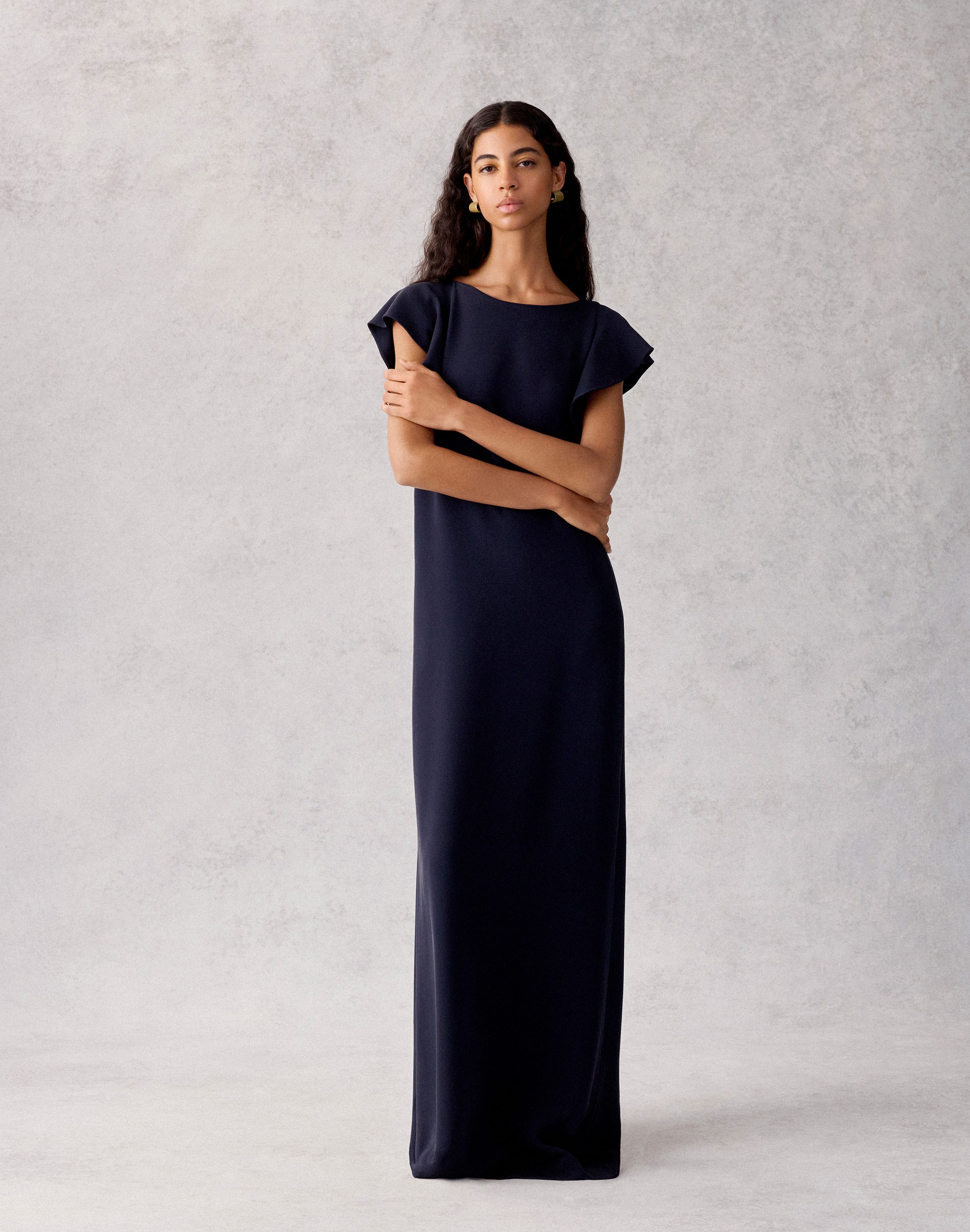 Viscose-Silk Cady Flutter Sleeve Gown