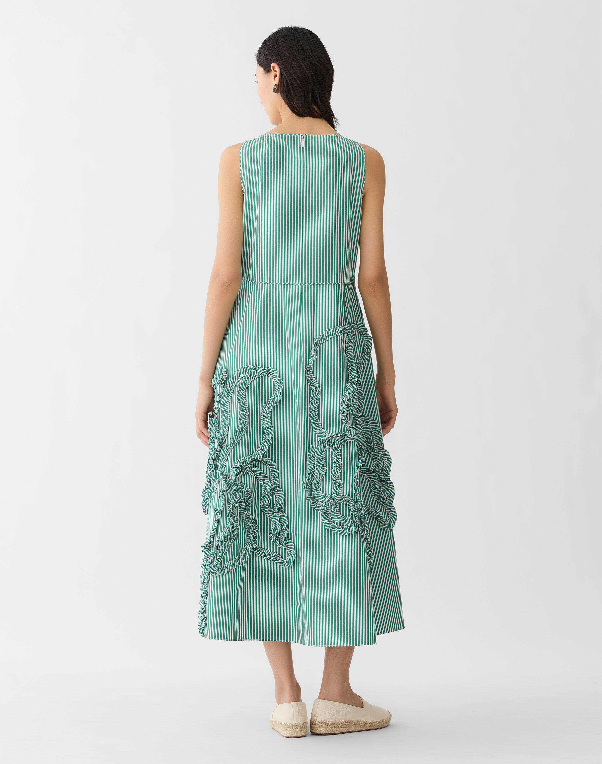 Striped Cotton Floral Appliqué Midi Dress