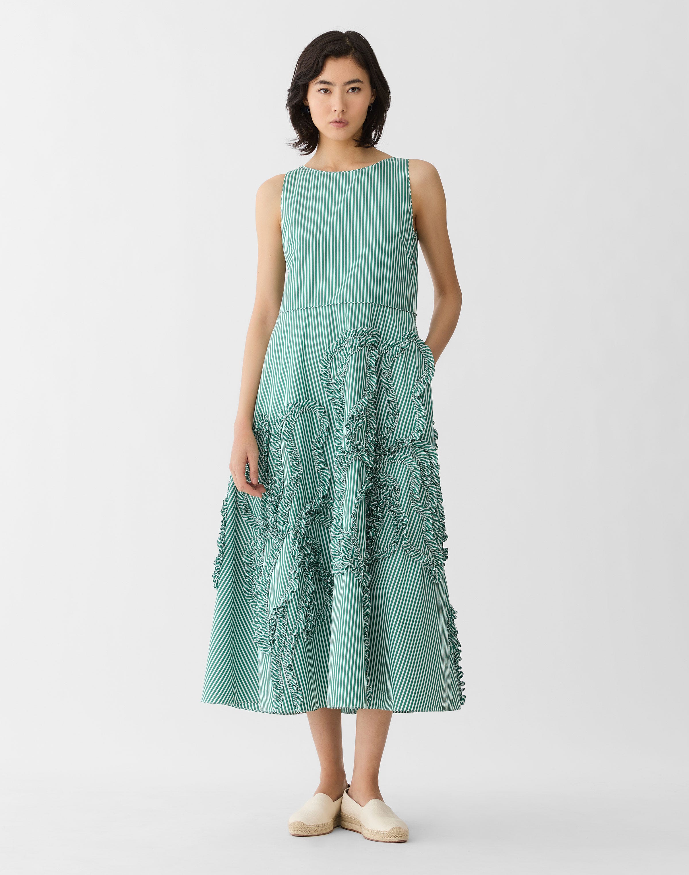 Striped Cotton Floral Appliqué Midi Dress