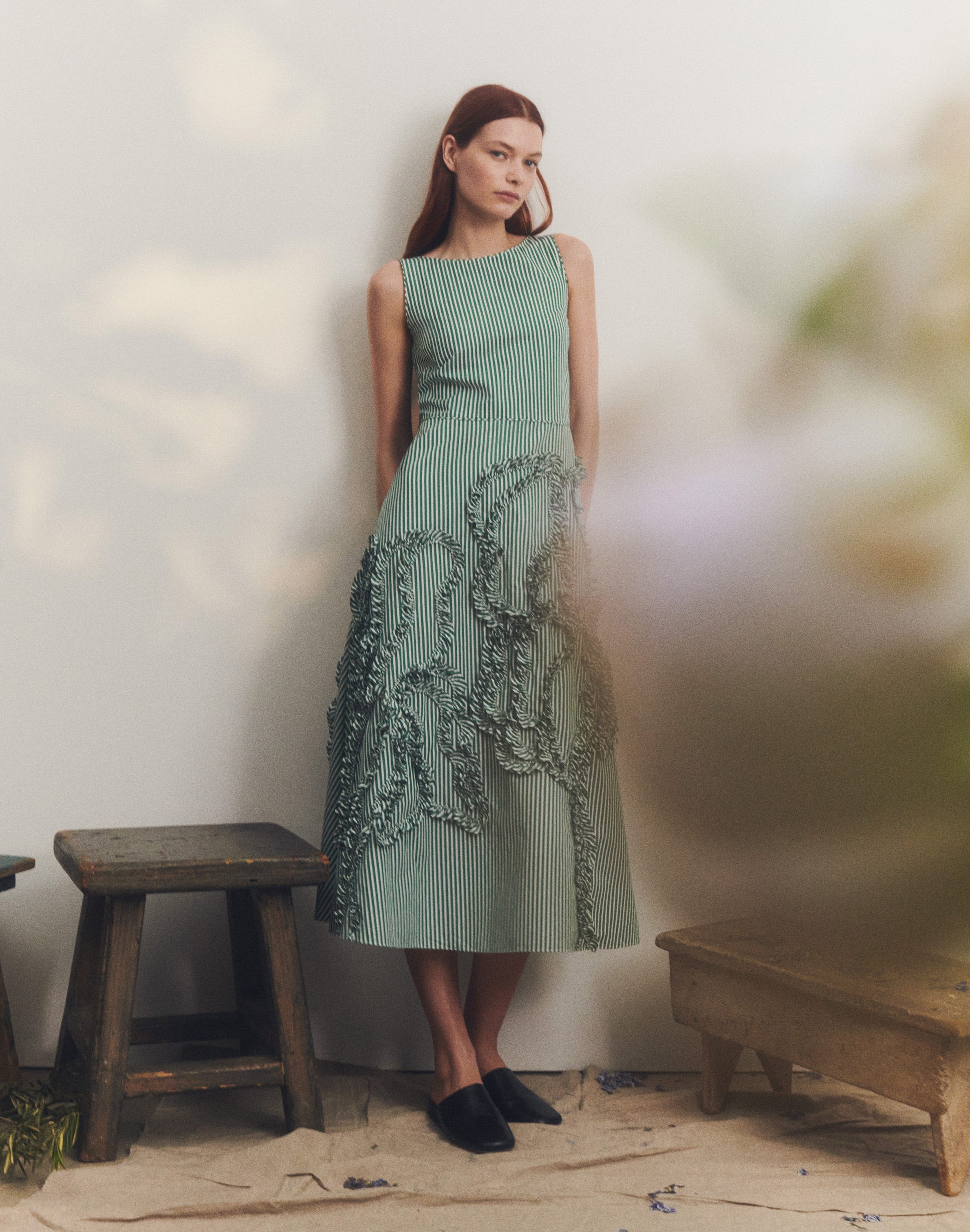 Striped Cotton Floral Appliqué Midi Dress