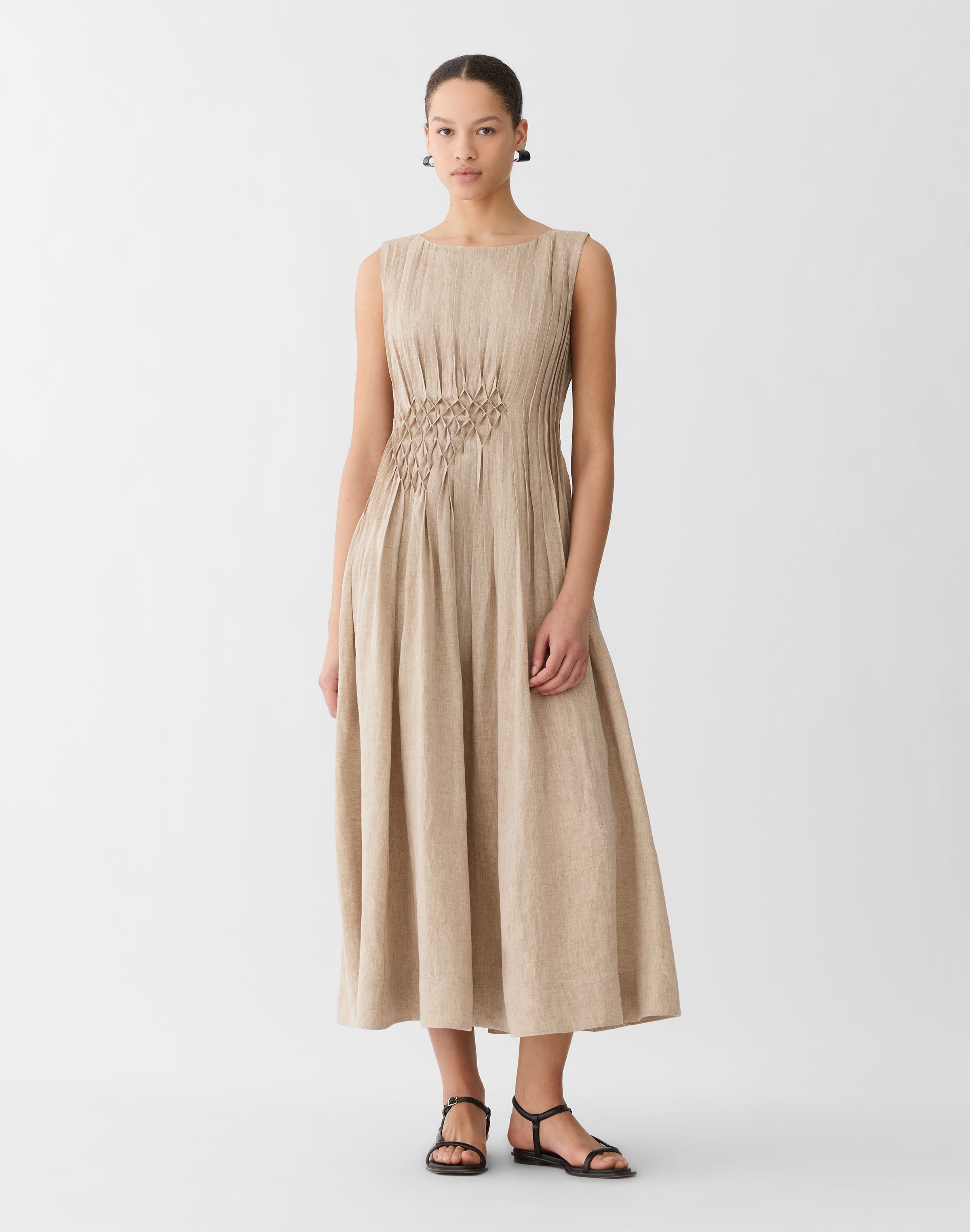 Organic Linen Hand Pintucked Midi Dress