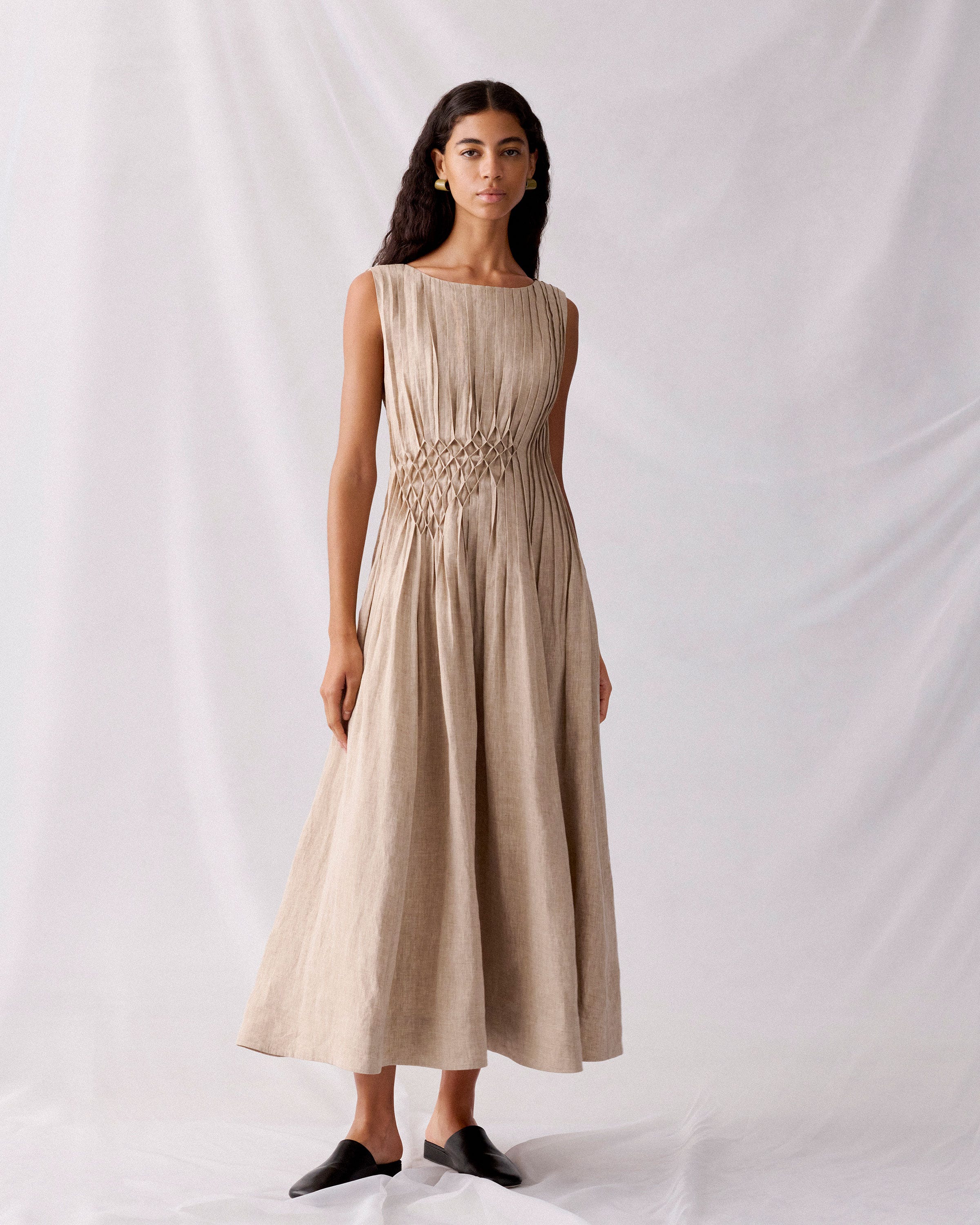 Organic Linen Hand Pintucked Midi Dress