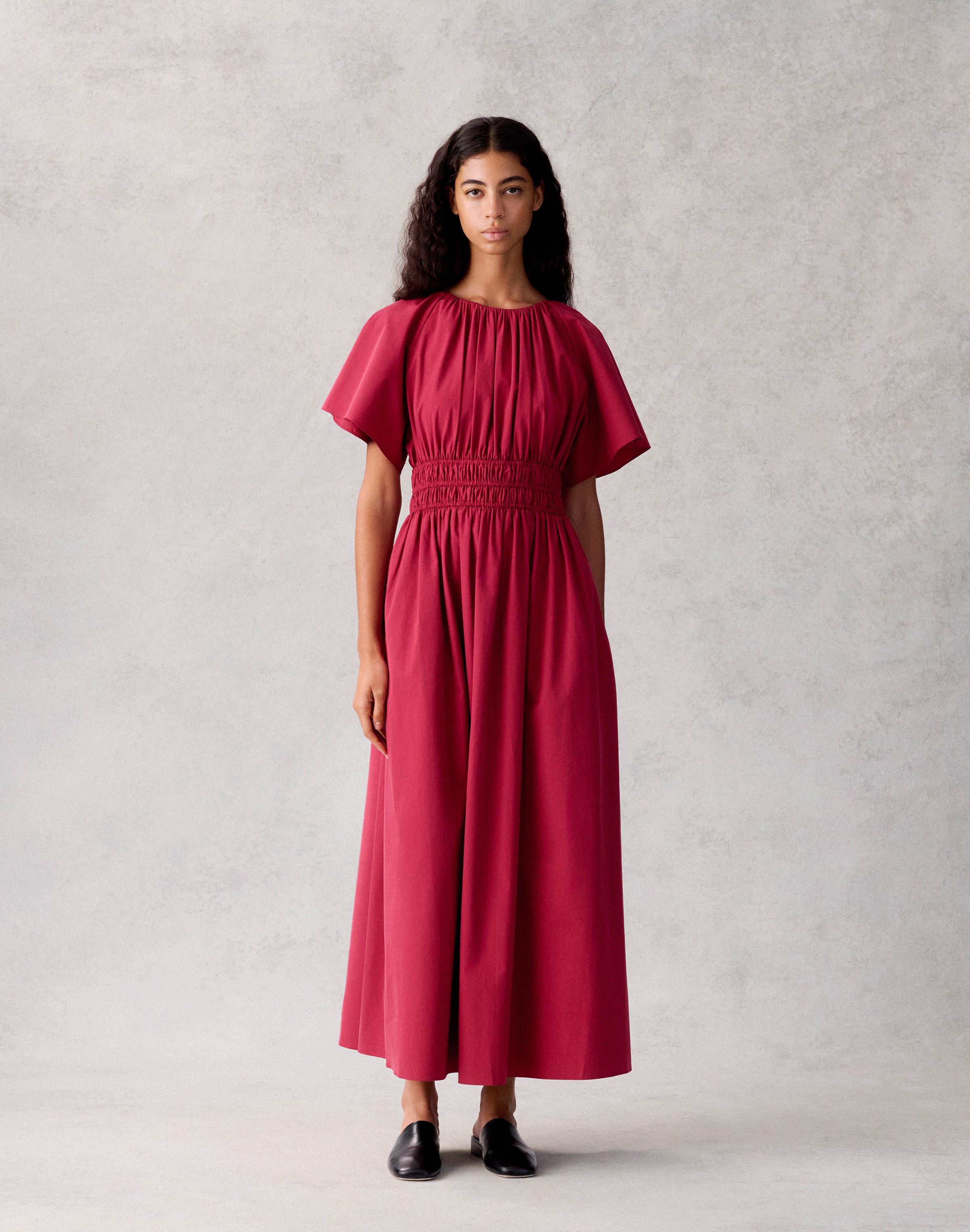 Organic Cotton Poplin Shirred Midi Dress